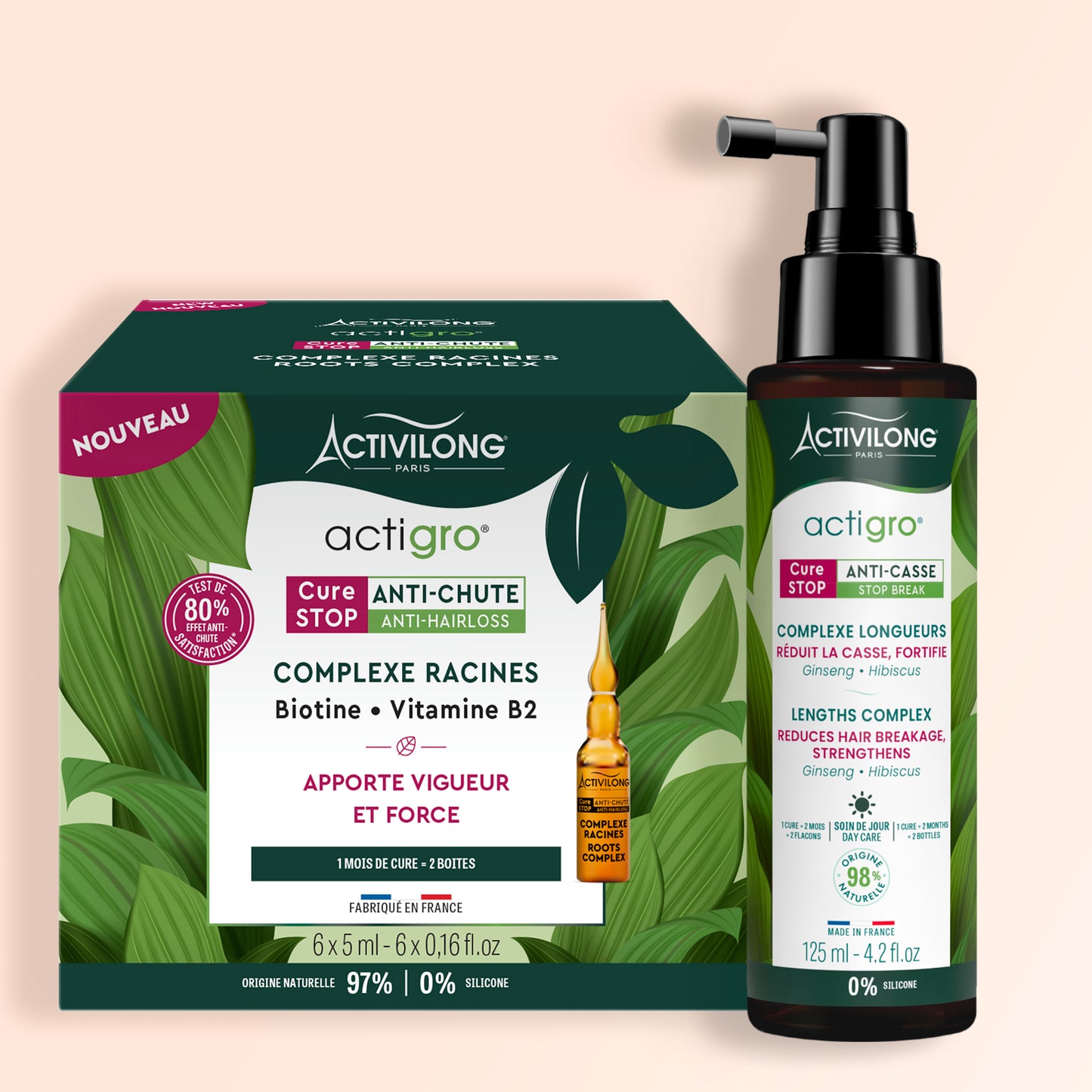 Packshot des deux produits composant la Cure Stop Actigro sur fond crème