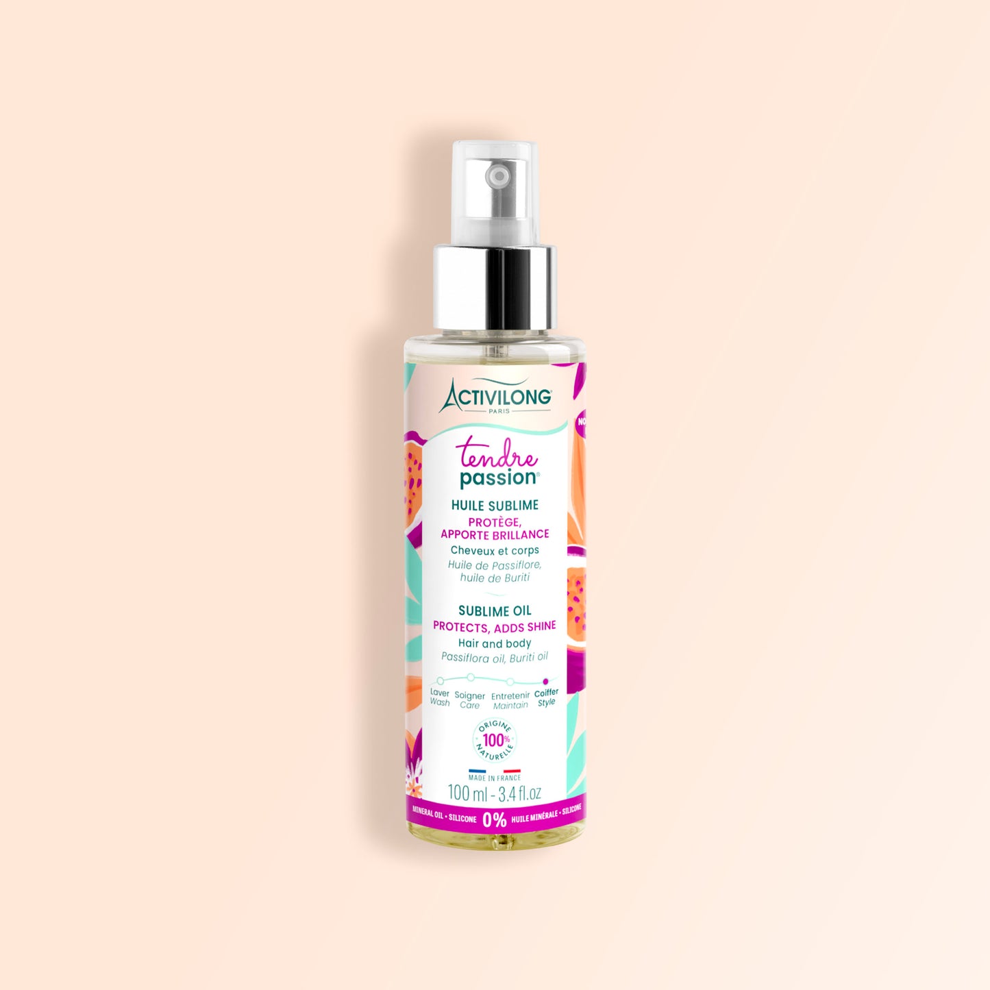 Flacon de l’Huile Sublime Tendre Passion Activilong sur fond beige