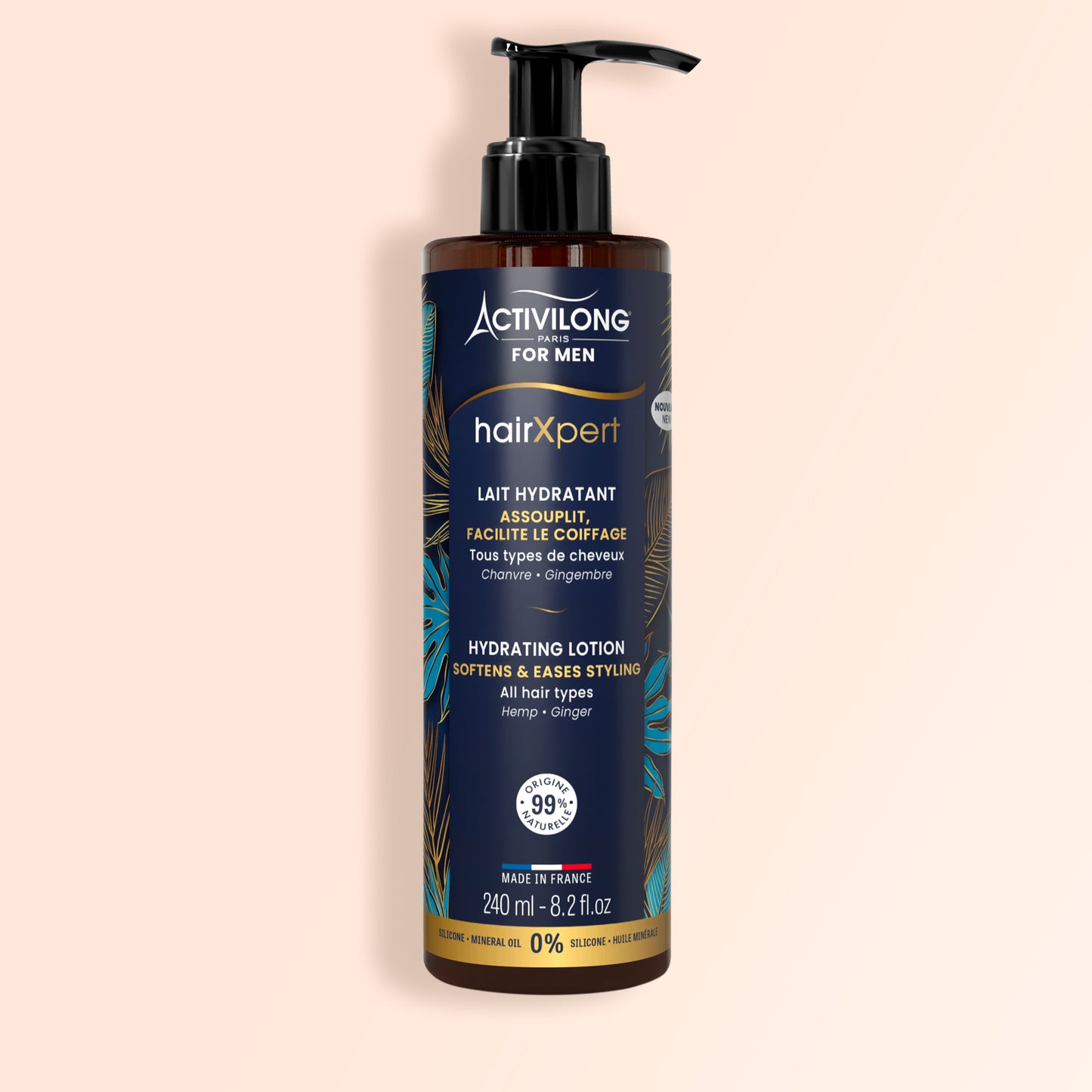 Lotion cheveux pour homme de la gamme HairXpert - Activilong For Men en flacon pompe ambré 240 ml, étiquette bleu marine à feuillages dorés