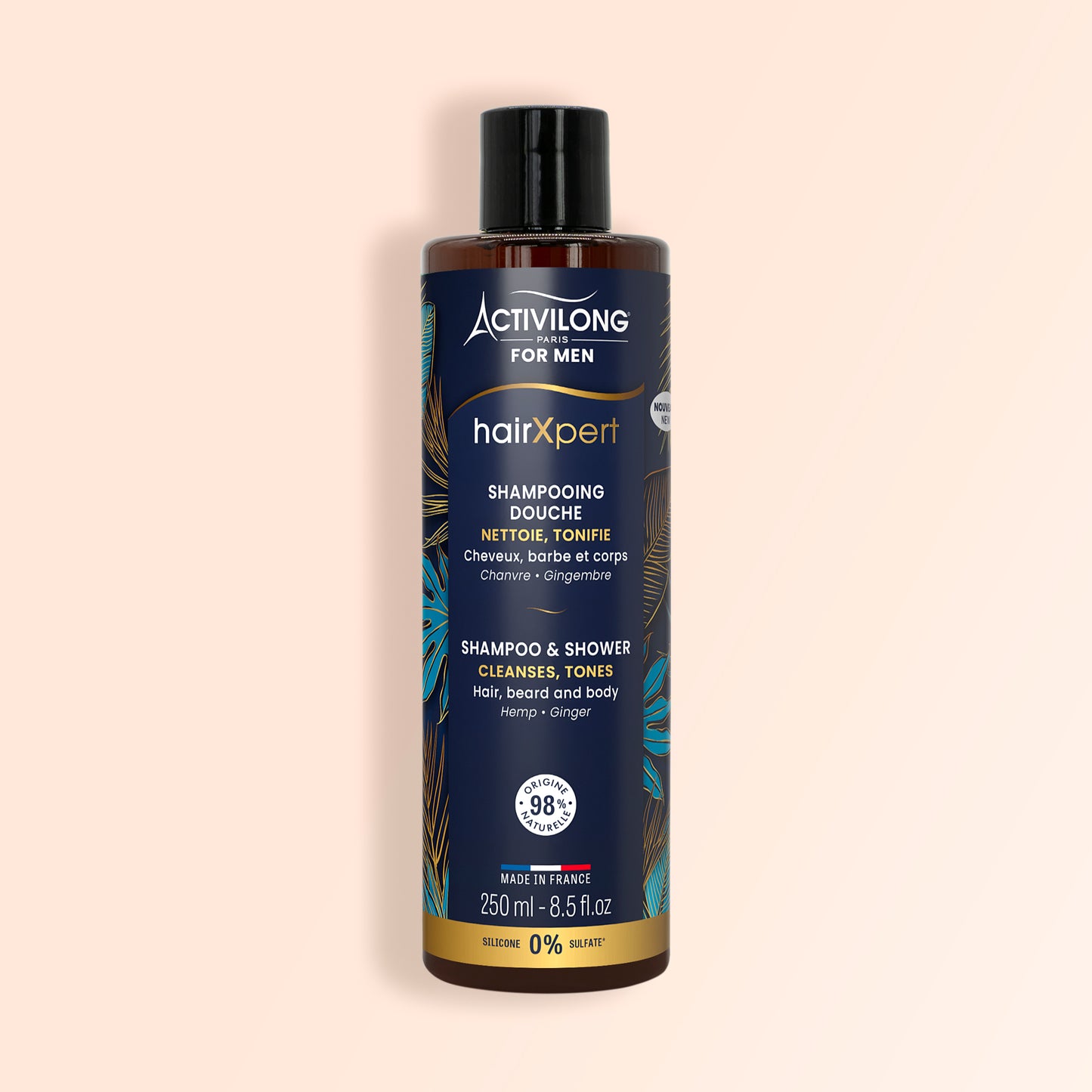 Flacon Shampoing Douche HairXpert Activilong For Men 250 ml, cheveux barbe et corps, 98% d'origine naturelle.