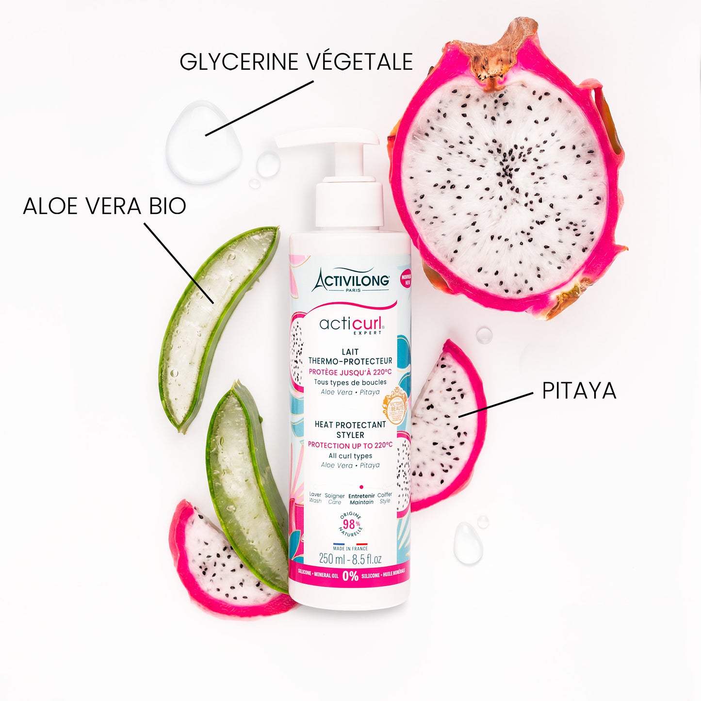 Visuel d'un Flacon du Lait Thermo-Protecteur Acticurl Expert entouré de ses actifs glycérine végétale, aloe vera bio et pitaya