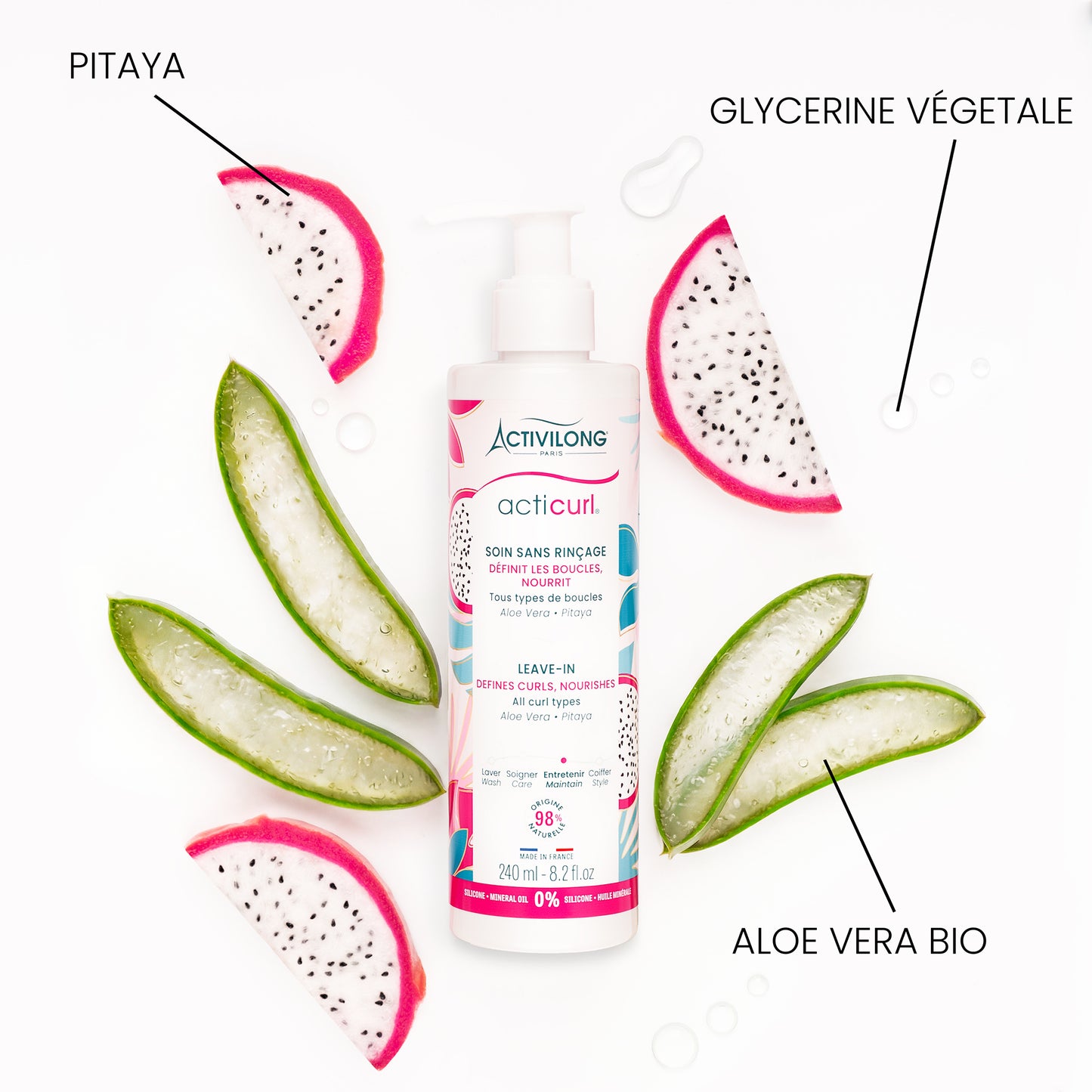 Visuel d'un Flacon du Soin Sans Rinçage Acticurl entouré de ses actifs pitaya, glycérine végétale et aloe vera bio