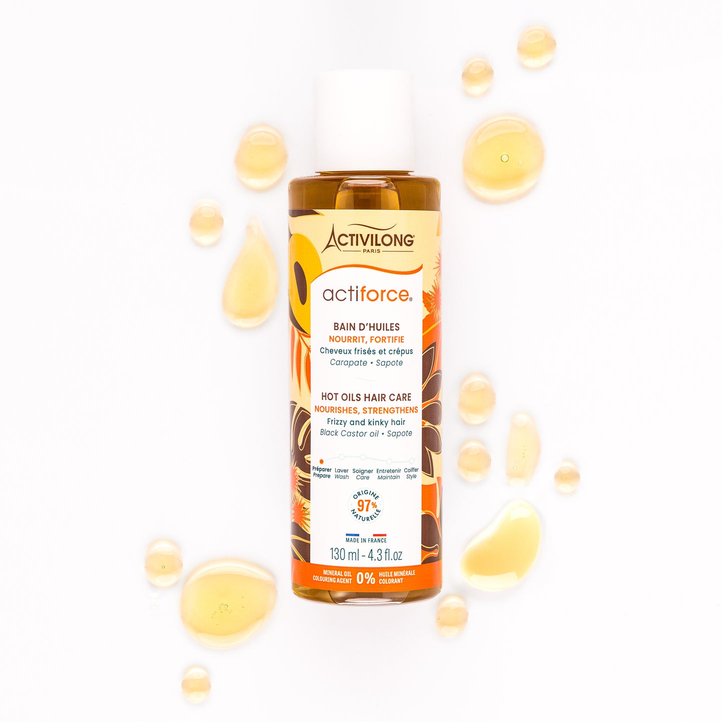 Visuel d'un Flacon du Bain d'Huiles Actiforce entouré de gouttes d'huile dorée sur fond clair