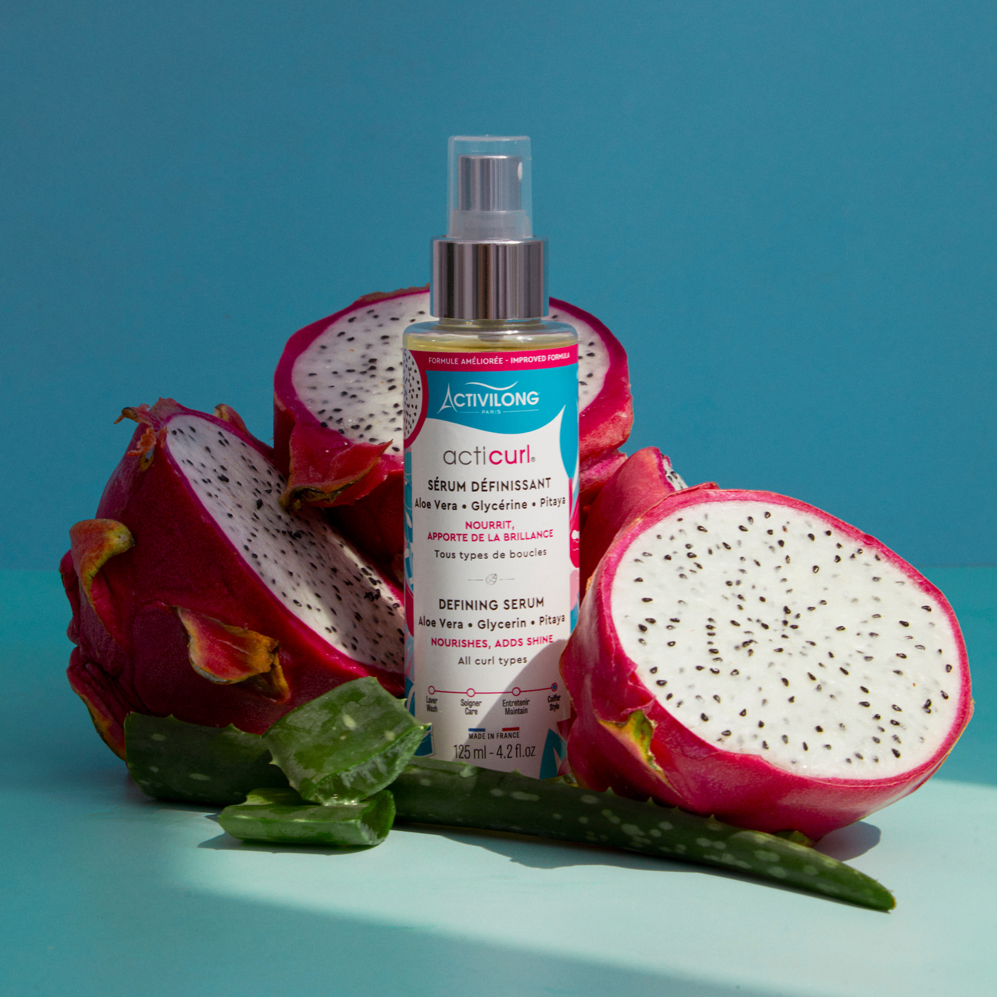Sérum Définissant Acticurl entouré de pitaya et aloe vera