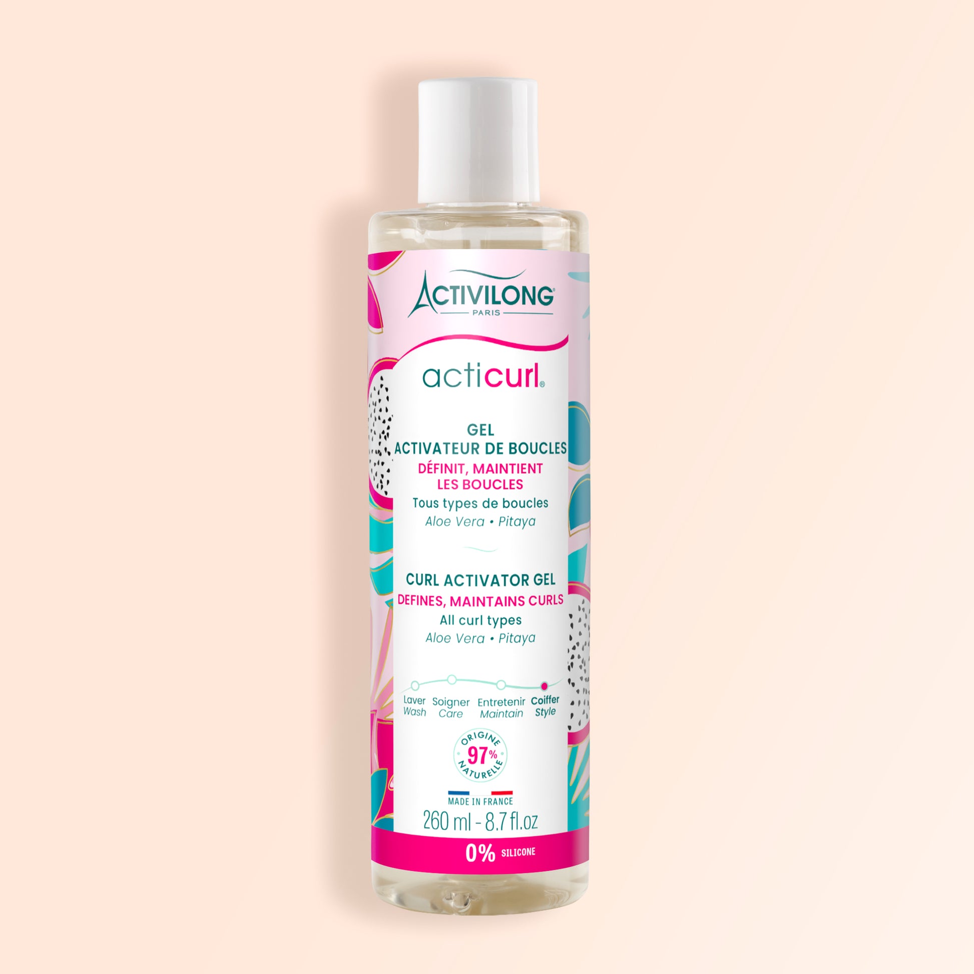 Packshot Gel Activateur de Boucles Acticurl, flacon transparent sur fond beige