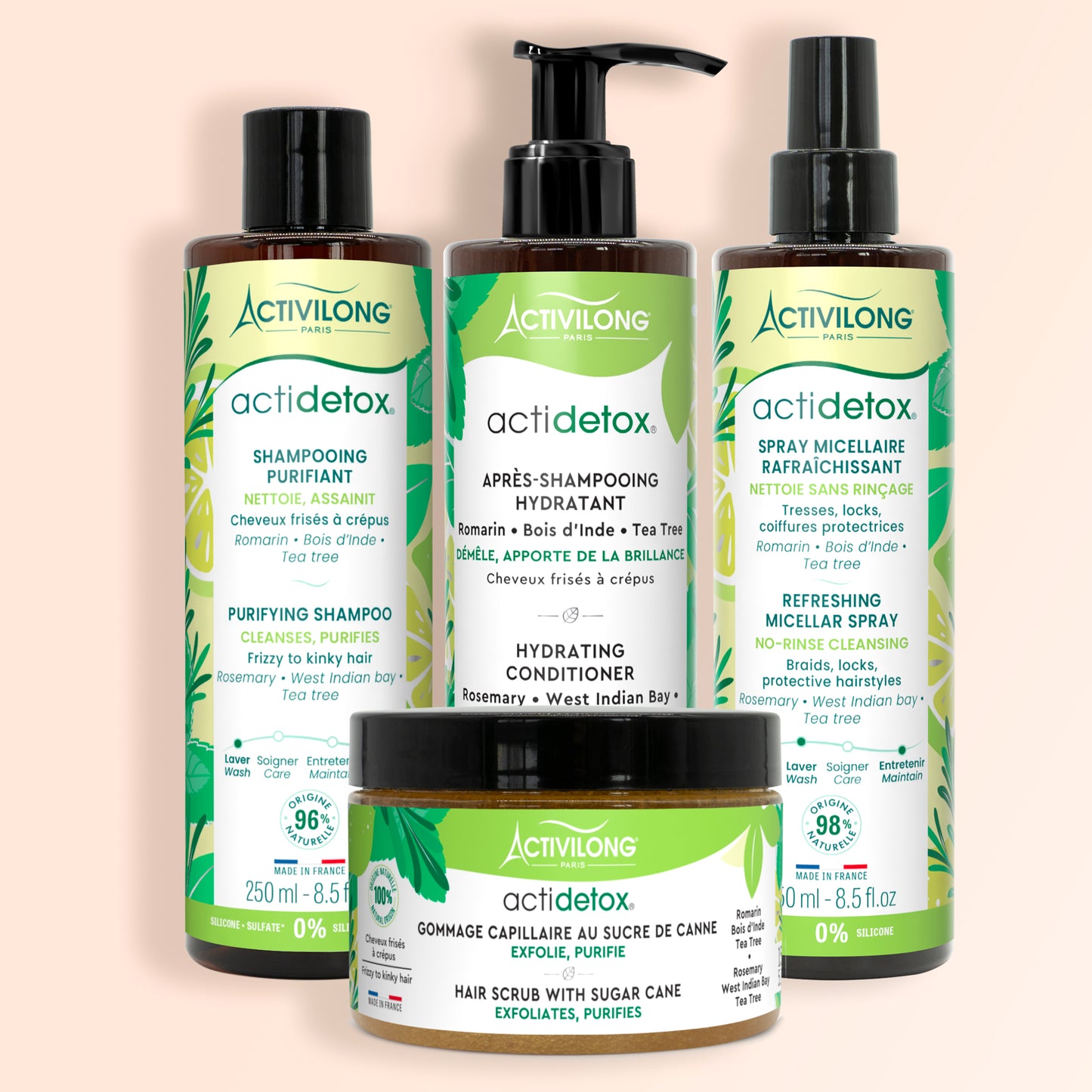 Packshot de la gamme Actidetox Activilong composé du gommage capillaire, shampoing purifiant, après-shampoing hydratant et spray micellaire rafraîchissant sur fond crème