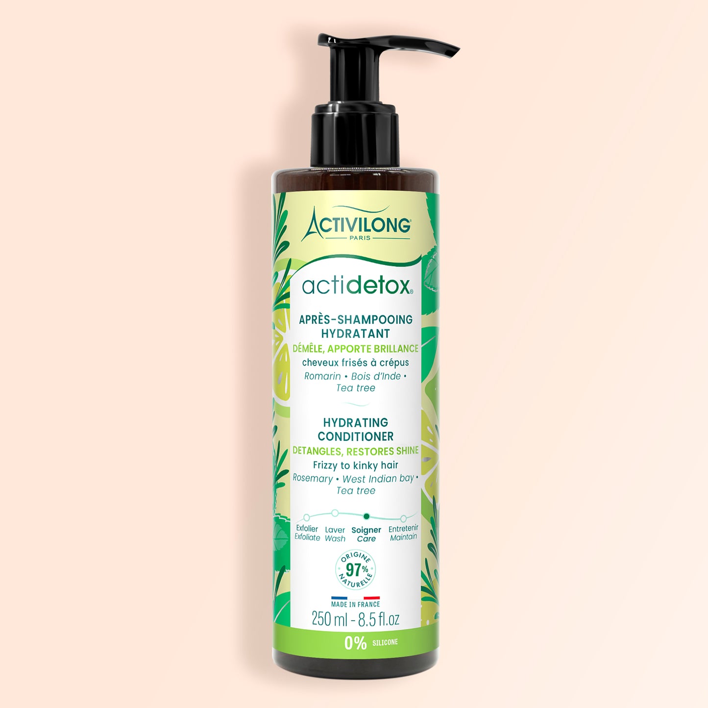 Packshot de l'Après-Shampooing Hydratant Actidetox de 250 ml sur fond crème 