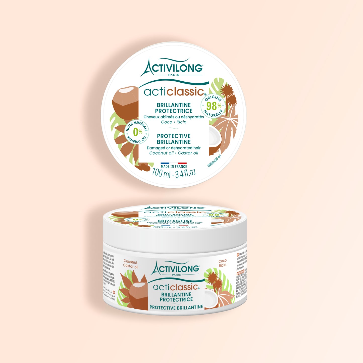 Packshot de la Brillantine Acticlassic Coco / Ricin sur fond crème