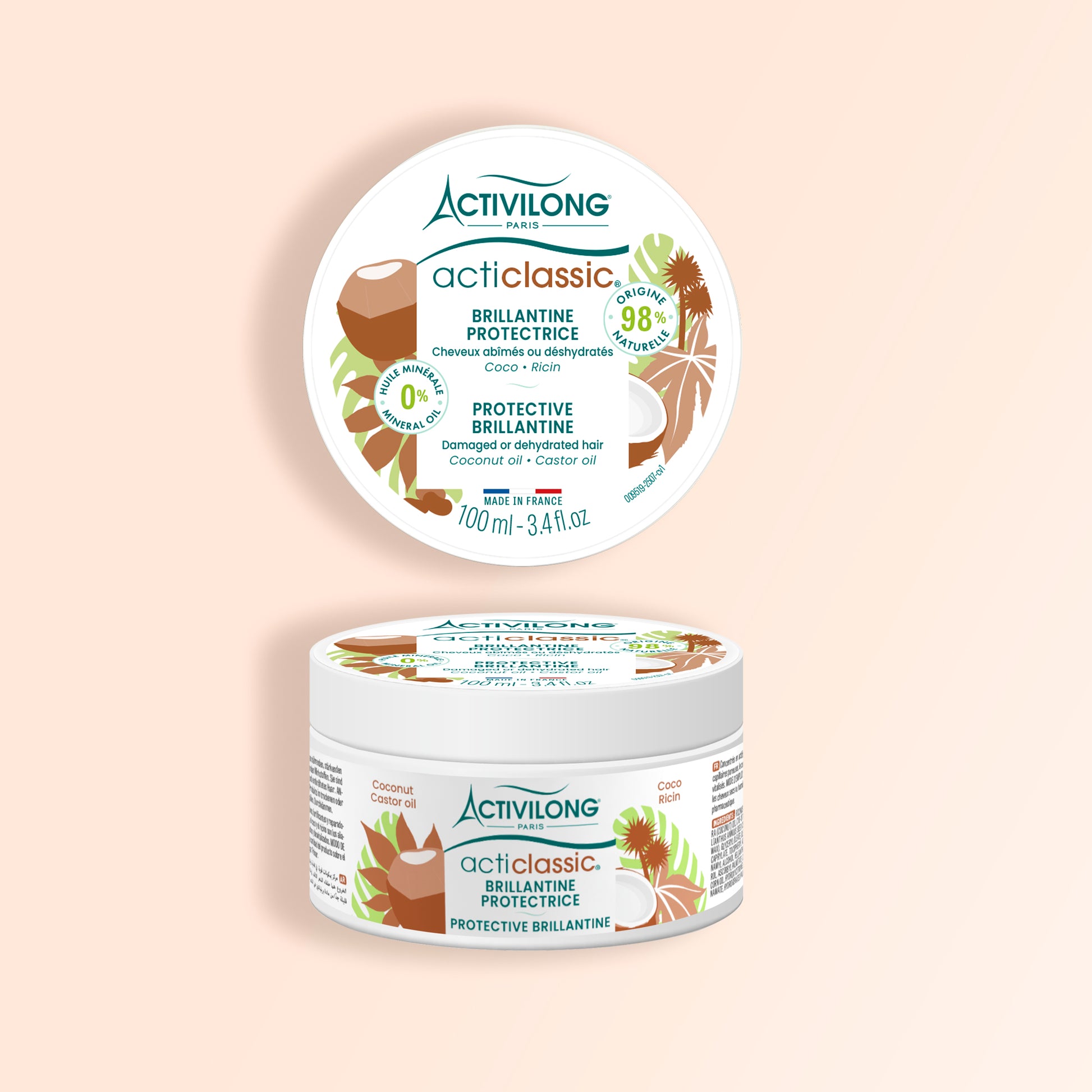 Packshot de la Brillantine Acticlassic Coco / Ricin sur fond crème
