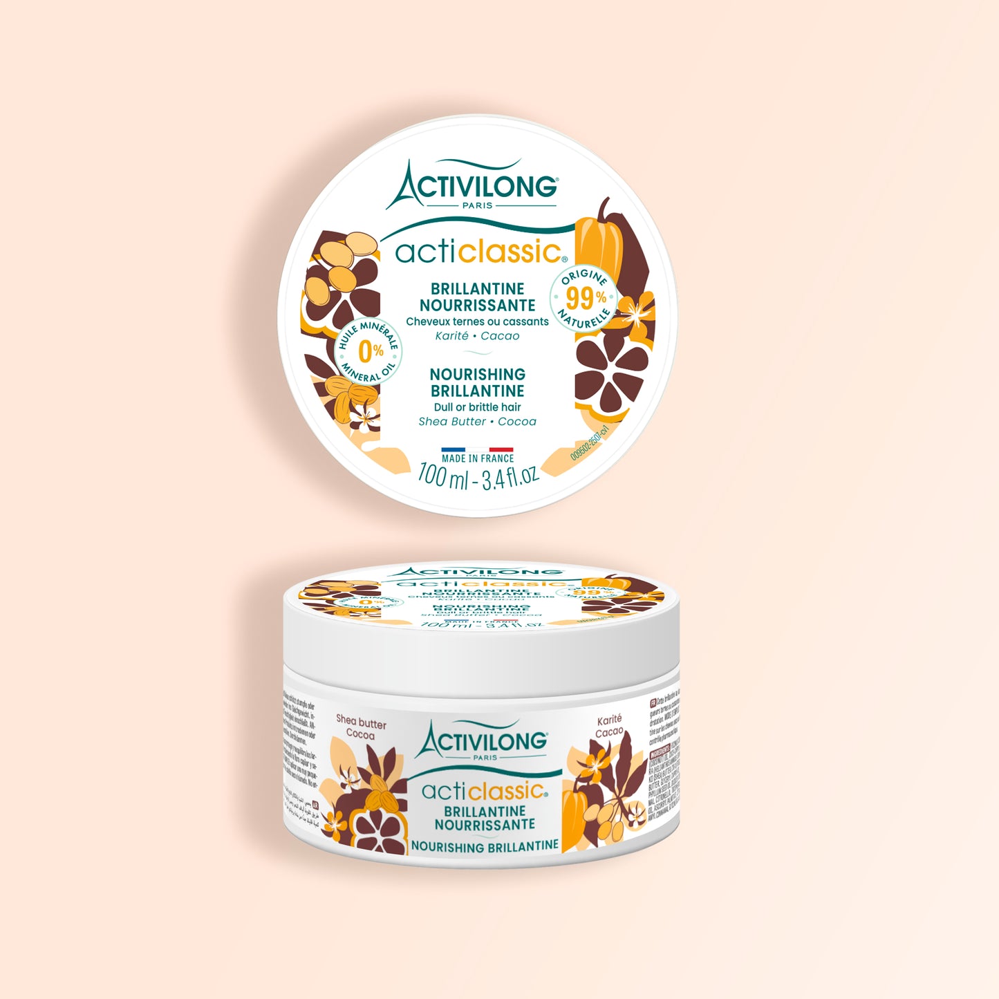 Packshot de la Brillantine Acticlassic Karité / Cacao sur fond crème