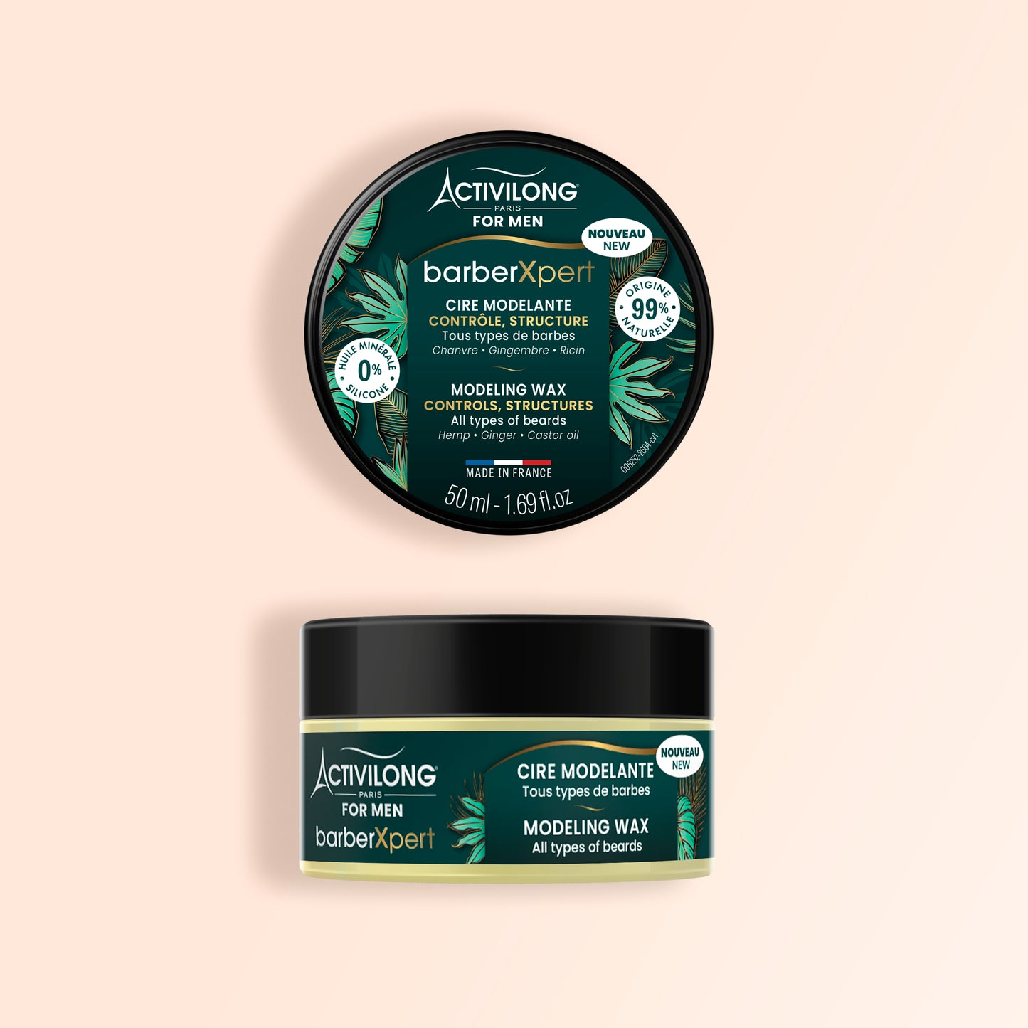 Pot cire barbe modelante BarberXpert Activilong For Men 50 ml, couvercle vert décoré de feuillage tropical. Sur fond crème