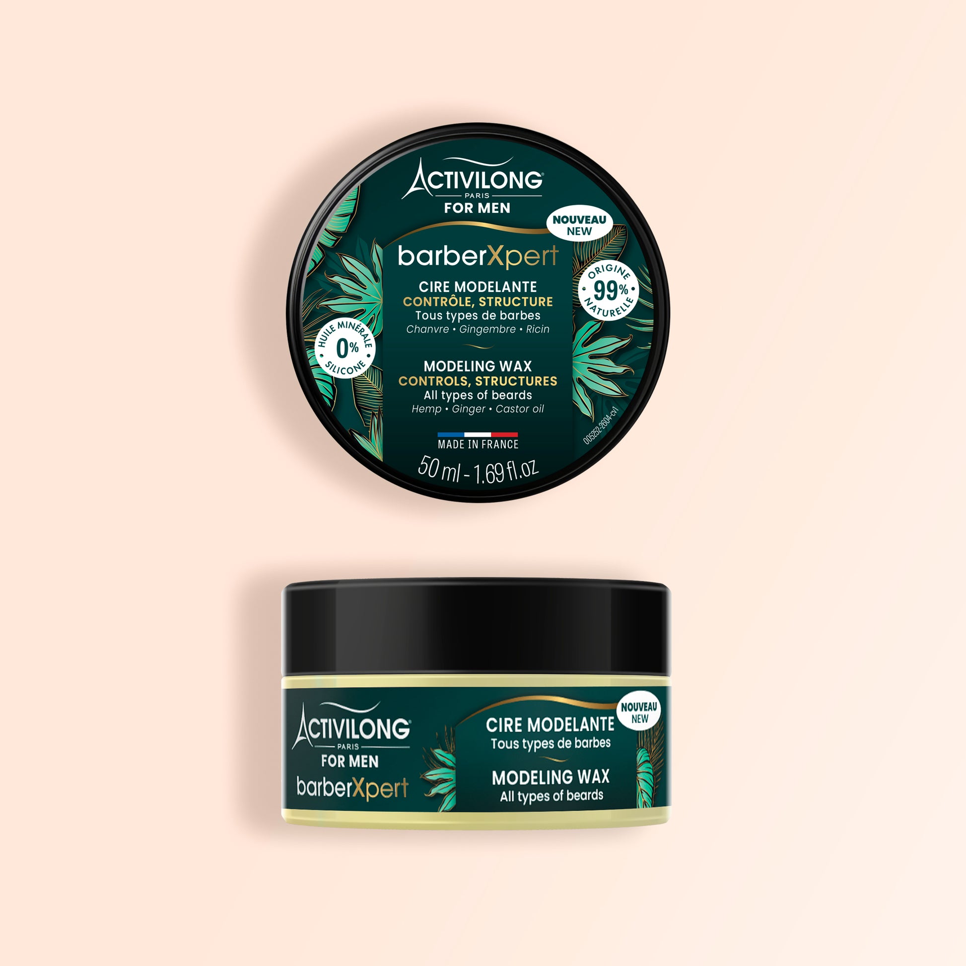 Pot cire barbe modelante BarberXpert Activilong For Men 50 ml, couvercle vert décoré de feuillage tropical. Sur fond crème