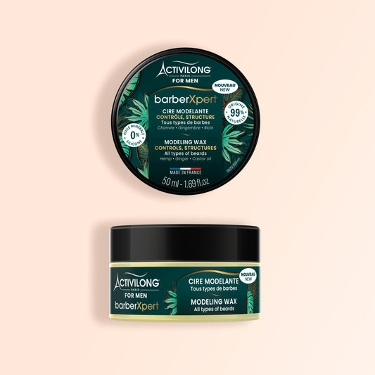 Pot cire barbe modelante BarberXpert Activilong For Men 50 ml, couvercle vert décoré de feuillage tropical. Sur fond crème