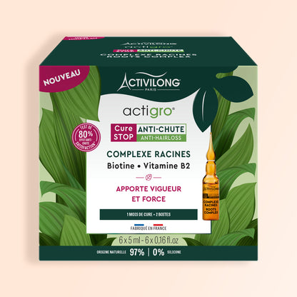 Packshot de la boîte Complexe Racines Actigro contenant 6 ampoules de 5 ml sur fond crème