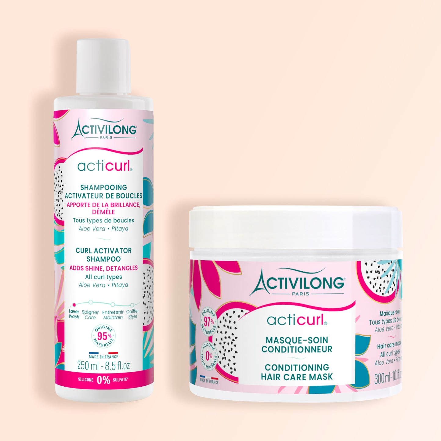 Packshot du Duo Lavant sur fond crème composé du Shampoing Acticurl et du Masque Acticurl