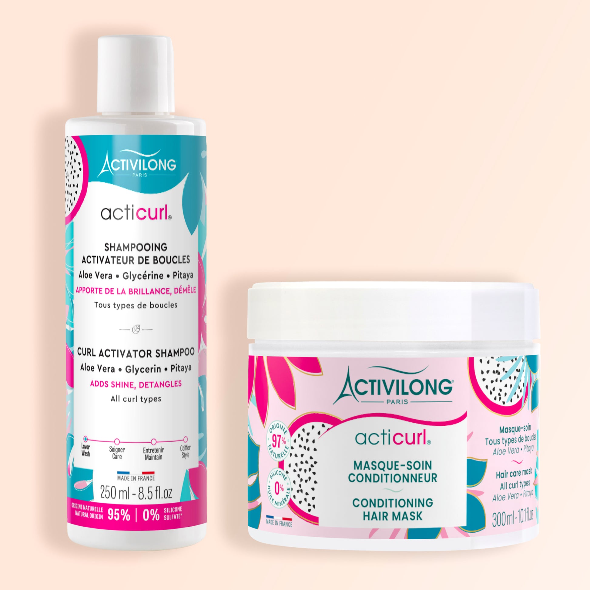 Packshot du Duo Lavant sur fond crème composé du Shampoing Acticurl et du Masque Acticurl