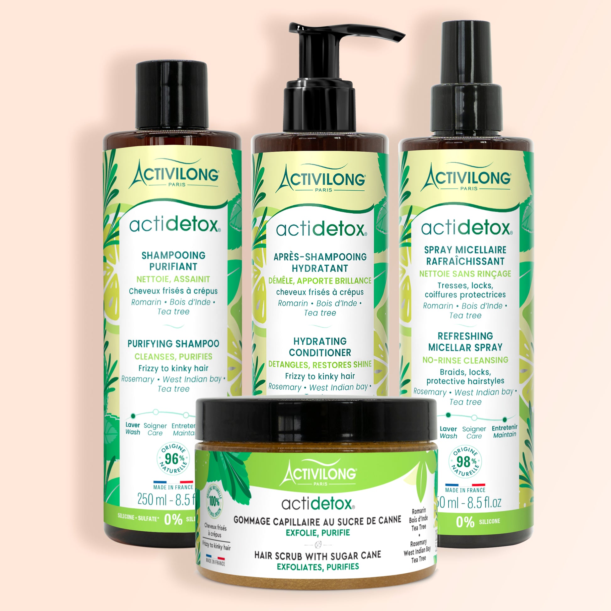 Gamme Actidetox Activilong avec gommage capillaire, shampoing purifiant, après-shampoing hydratant et spray micellaire rafraîchissant