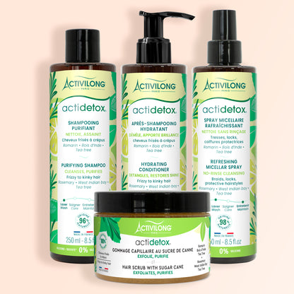 Gamme Actidetox Activilong avec gommage capillaire, shampoing purifiant, après-shampoing hydratant et spray micellaire rafraîchissant