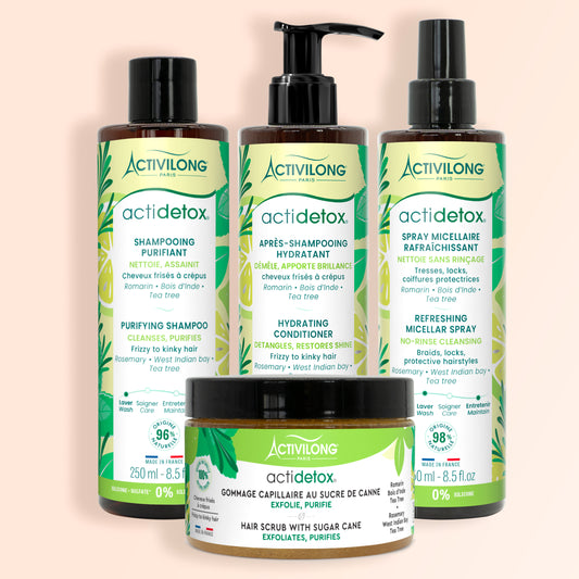 Gamme Actidetox Activilong avec gommage capillaire, shampoing purifiant, après-shampoing hydratant et spray micellaire rafraîchissant