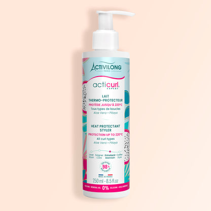 Packshot sur fond crème du flacon du lait thermo-protecteur Acticurl Expert pour cheveux bouclés