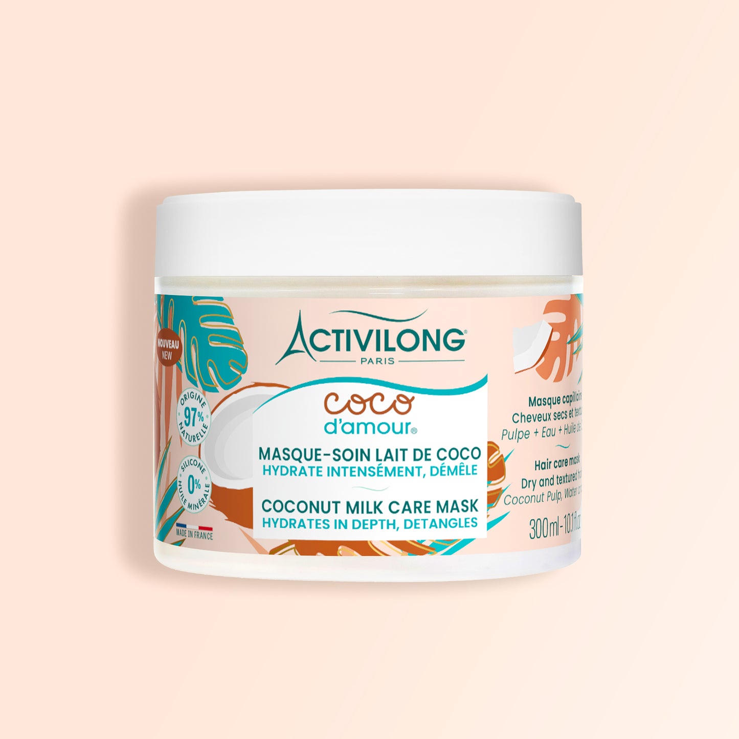 Pot blanc du Masque-Soin Lait de Coco Activilong Coco d'Amour, 300 ml, sur fond crème