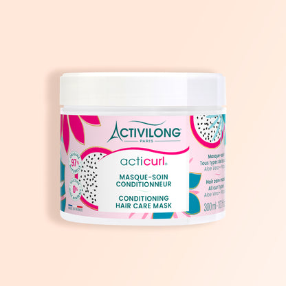 Packshot Masque-soin conditionneur Acticurl pour cheveux bouclés, pot 300 ml sur fond beige