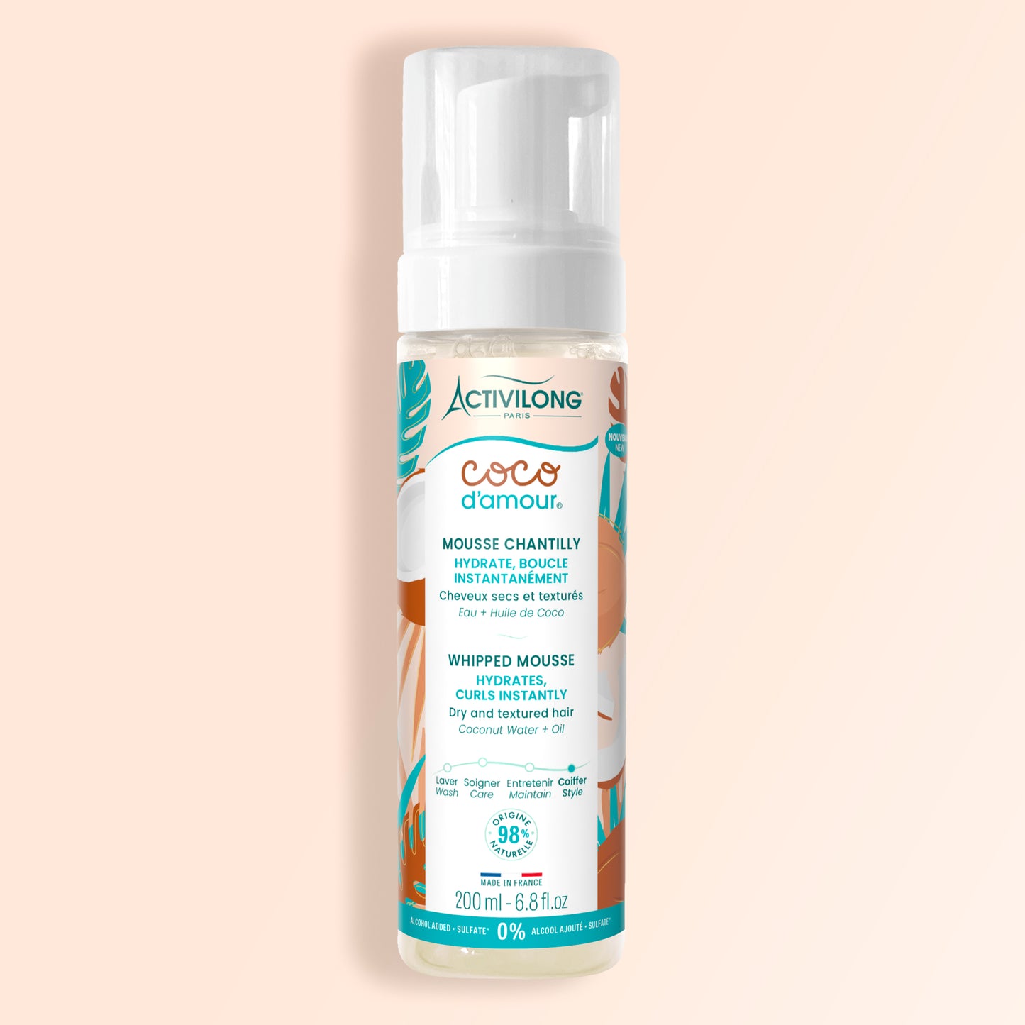 Flacon pompe Mousse Chantilly Coco d'Amour Activilong 200 ml, mousse coiffante hydratante cheveux bouclés