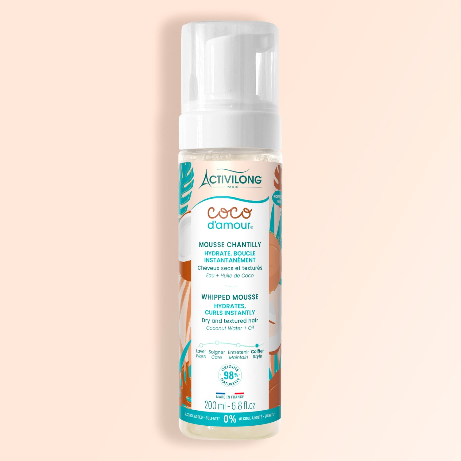 Flacon pompe Mousse Chantilly Coco d'Amour Activilong 200 ml, mousse coiffante hydratante cheveux bouclés