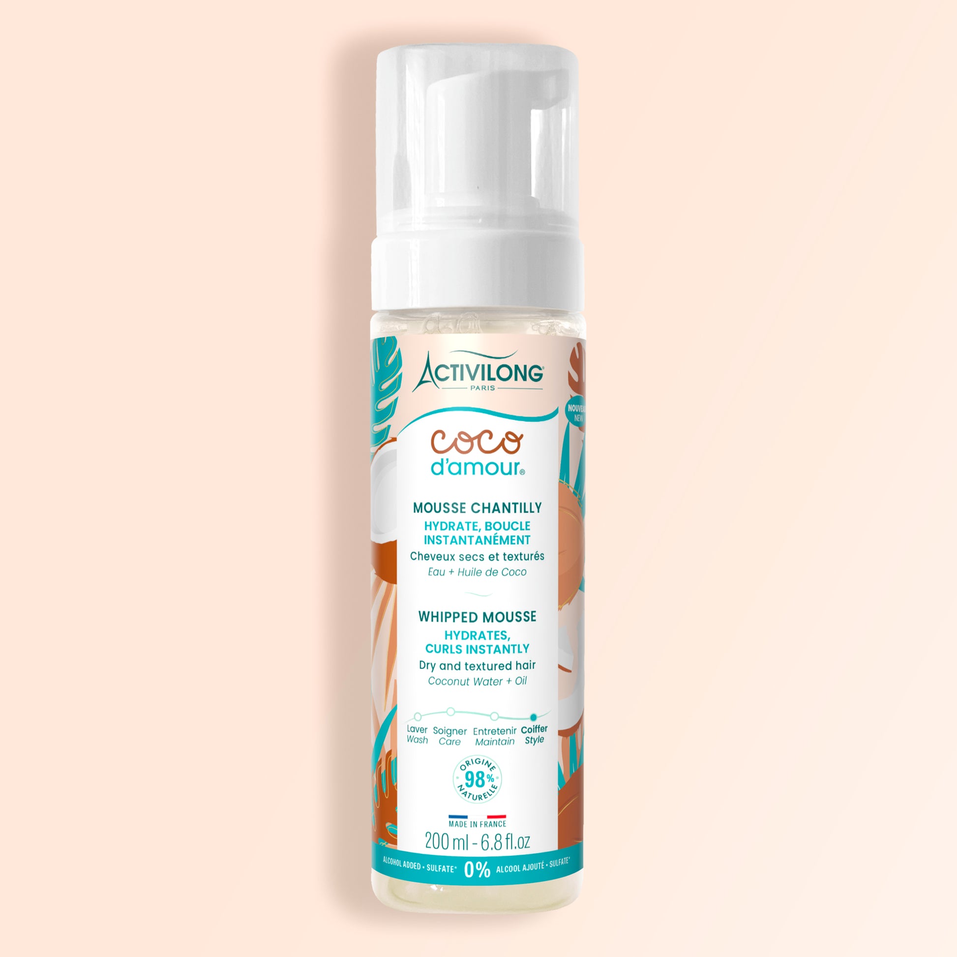 Flacon pompe Mousse Chantilly Coco d'Amour Activilong 200 ml, mousse coiffante hydratante cheveux bouclés