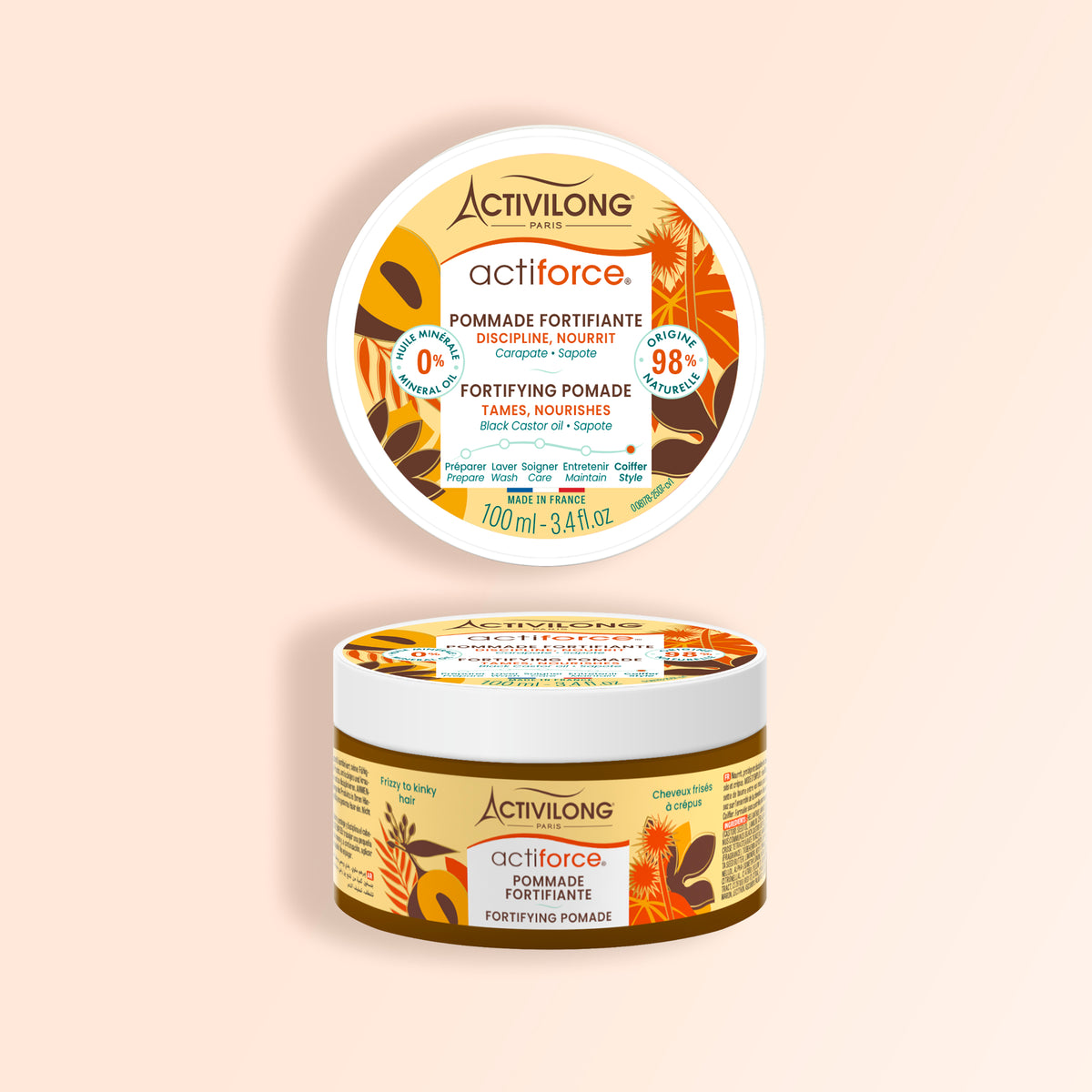 Visuel du pot Pommade fortifiante Actiforce sur fond pêche uni, vu de dessus et de profil, packaging aux tons ambrés