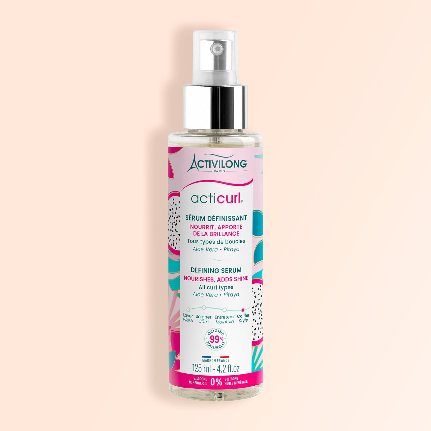 Packshot du Sérum Définissant Acticurl 125 ml flacon spray sur fond crème