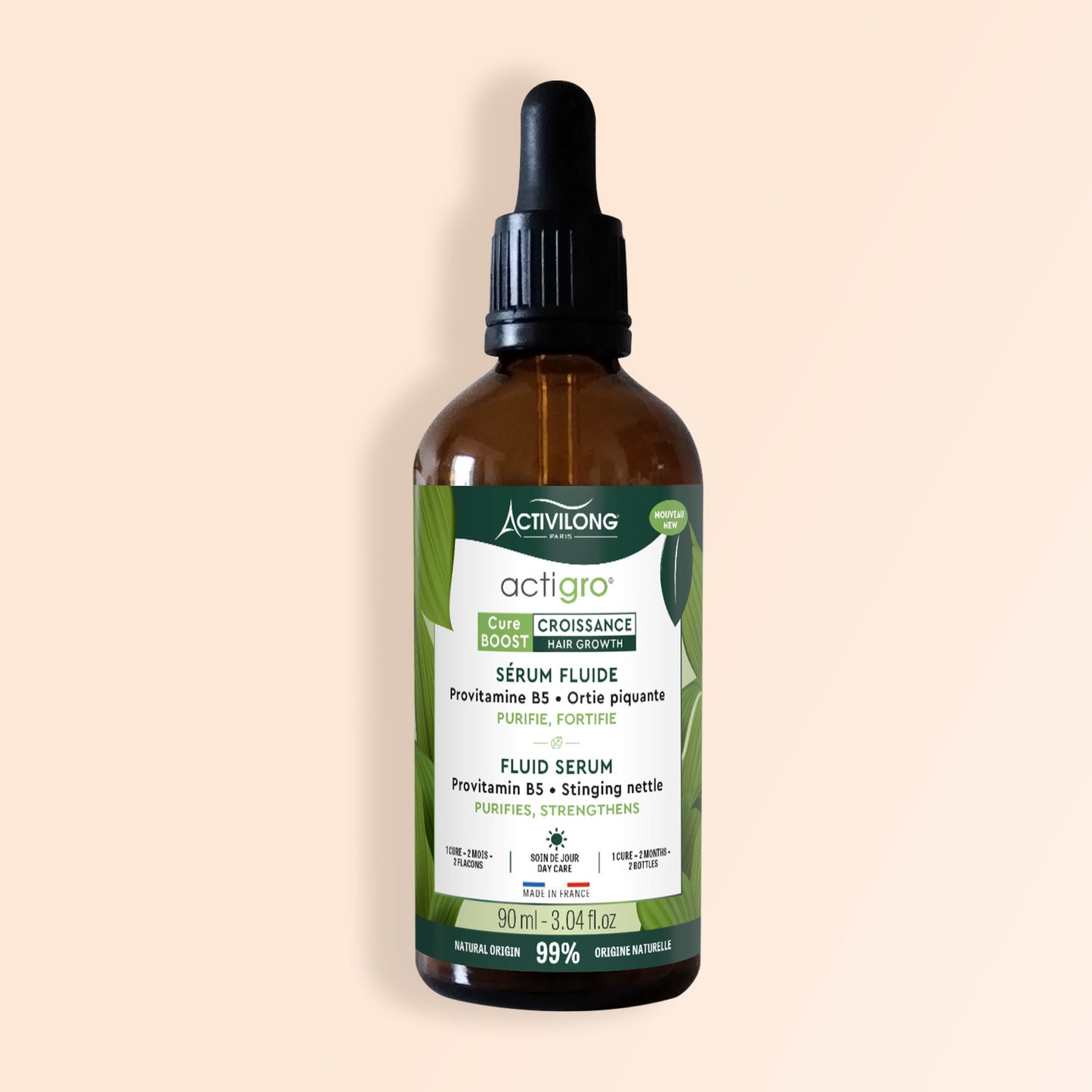 Packshot du flacon de 90 ml du Sérum Fluide Actigro sur fond crème