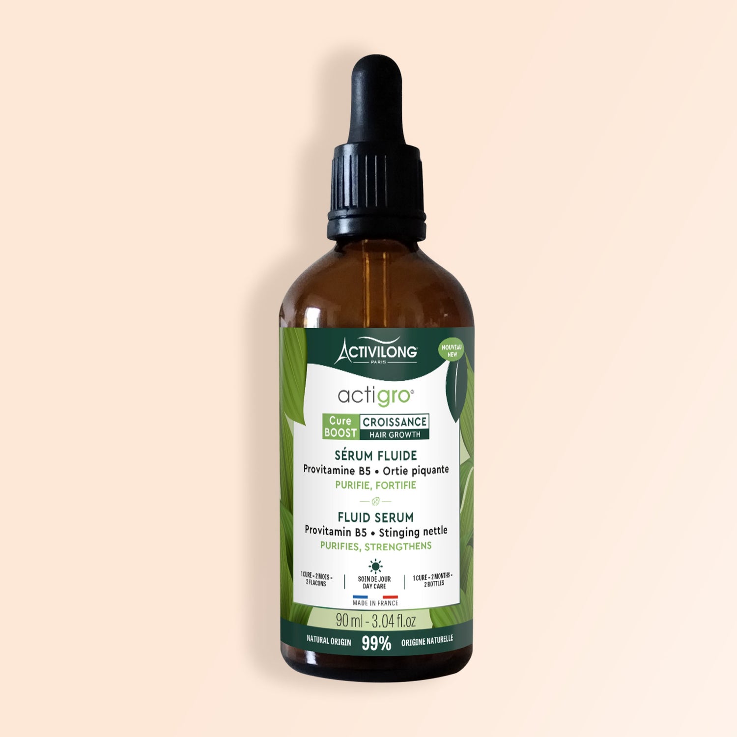 Packshot du flacon de 90 ml du Sérum Fluide Actigro sur fond crème