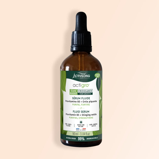 Packshot du flacon de 90 ml du Sérum Fluide Actigro sur fond crème
