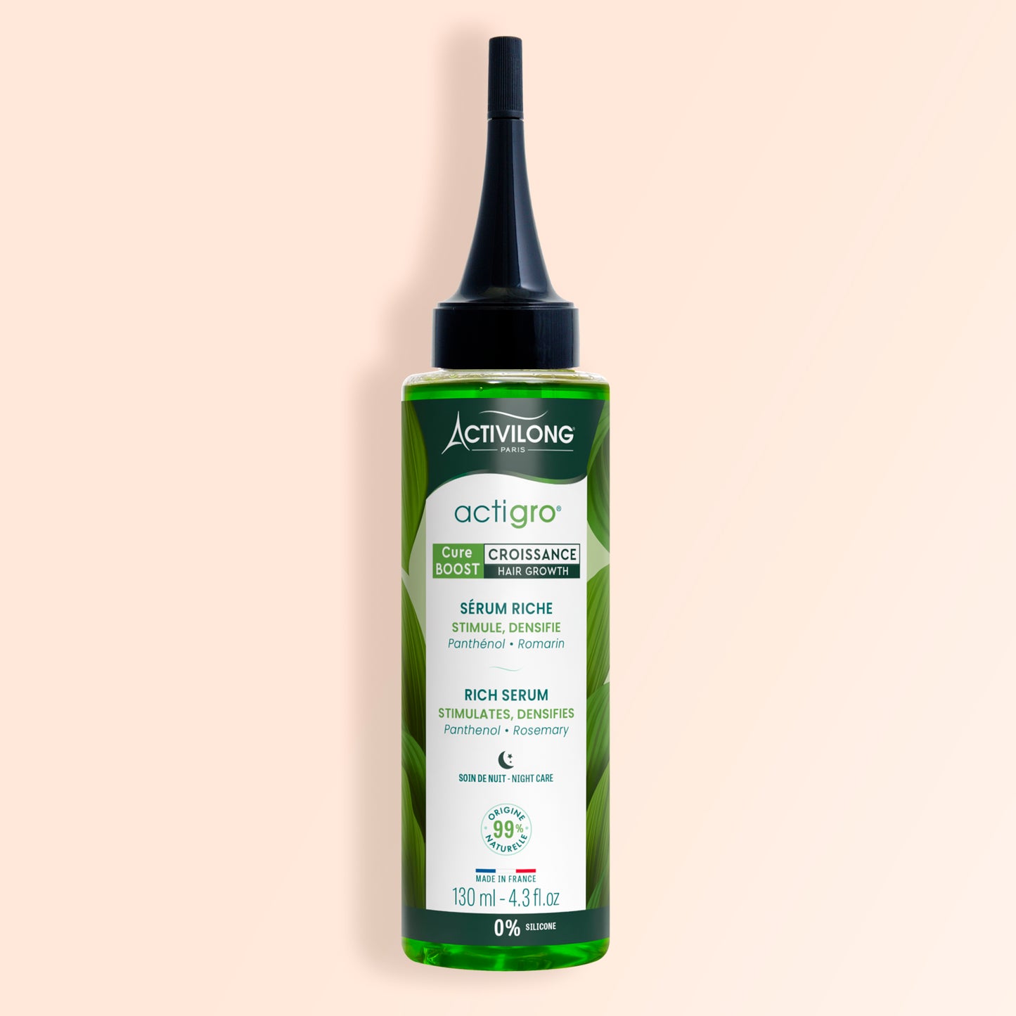 Packshot du flacon de 130 ml du Sérum Riche Actigro sur fond crème