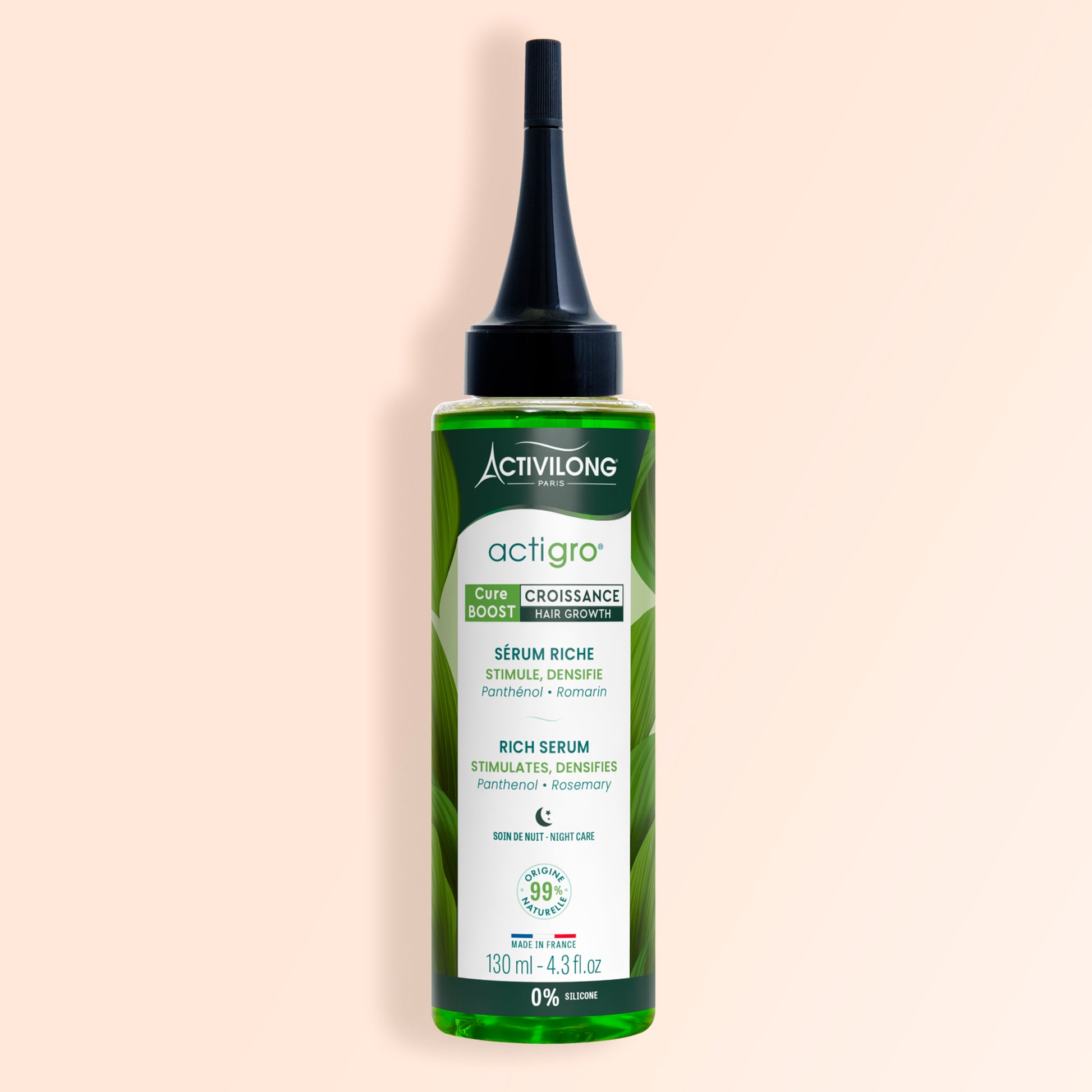 Packshot du flacon de 130 ml du Sérum Riche Actigro sur fond crème