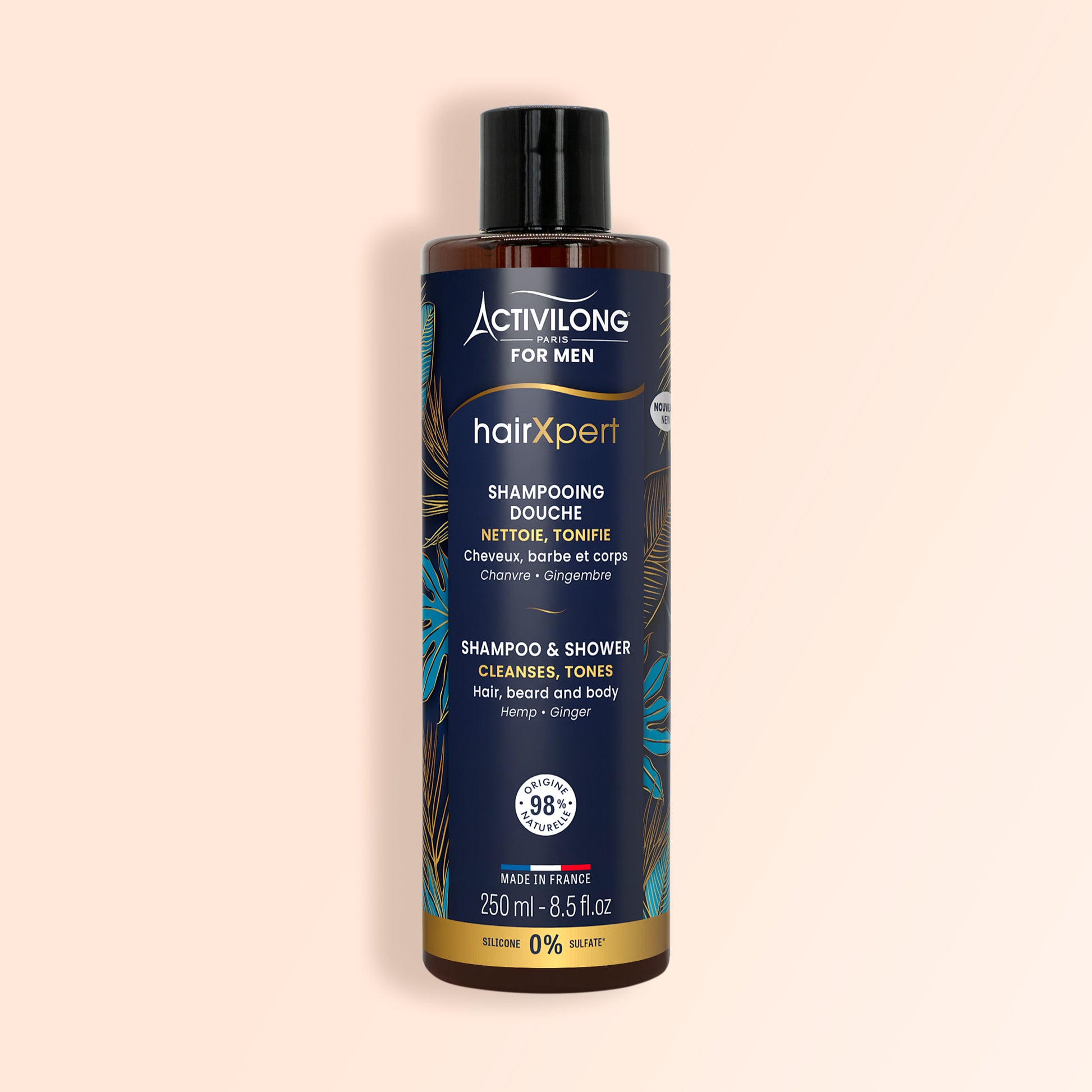 Flacon Shampoing Douche HairXpert Activilong For Men 250 ml, cheveux barbe et corps, 98% d'origine naturelle.
