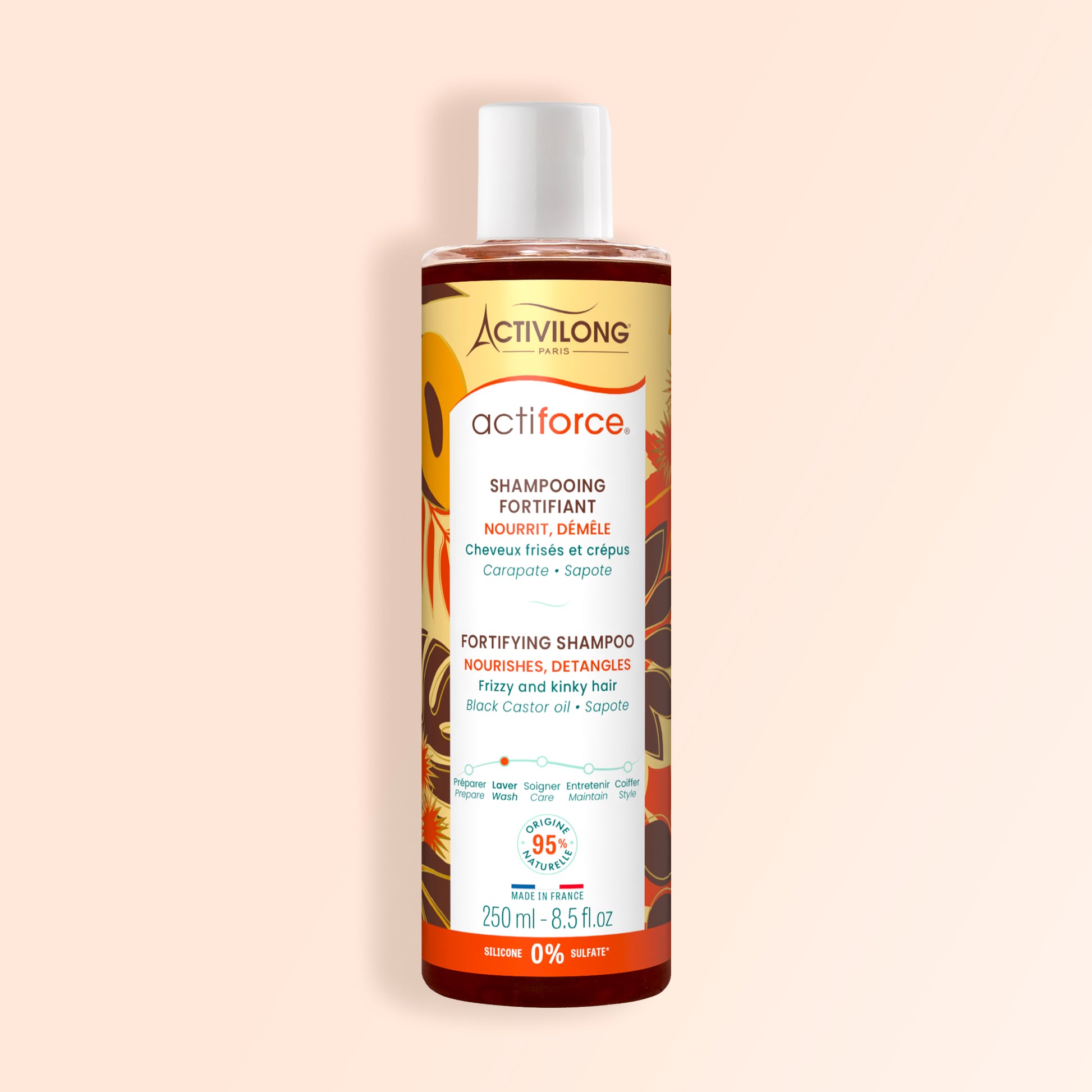 Packshot du Shampoing Fortifiant Actiforce, flacon de 250 ml, sur fond crème