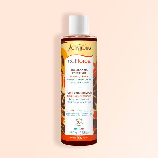 Packshot du Shampoing Fortifiant Actiforce, flacon de 250 ml, sur fond crème