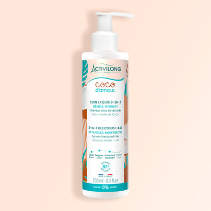 Packshot du Soin Exquis 3-en-1 Coco d'Amour, flacon de 250 ml, sur fond crèmle
