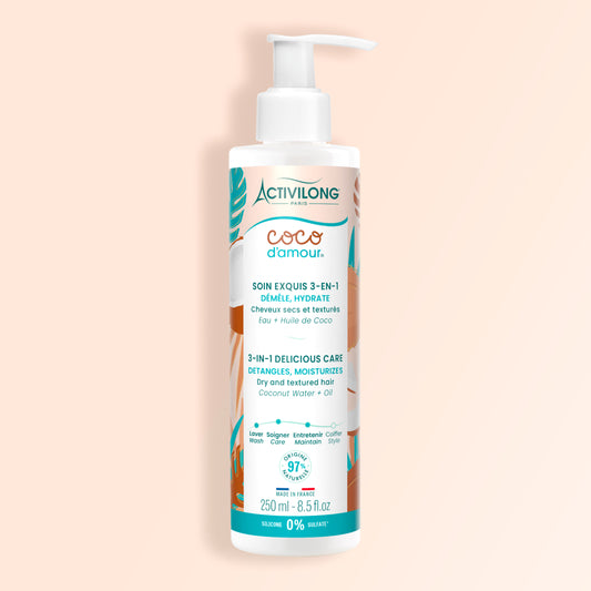 Packshot du Soin Exquis 3-en-1 Coco d'Amour, flacon de 250 ml, sur fond crèmle