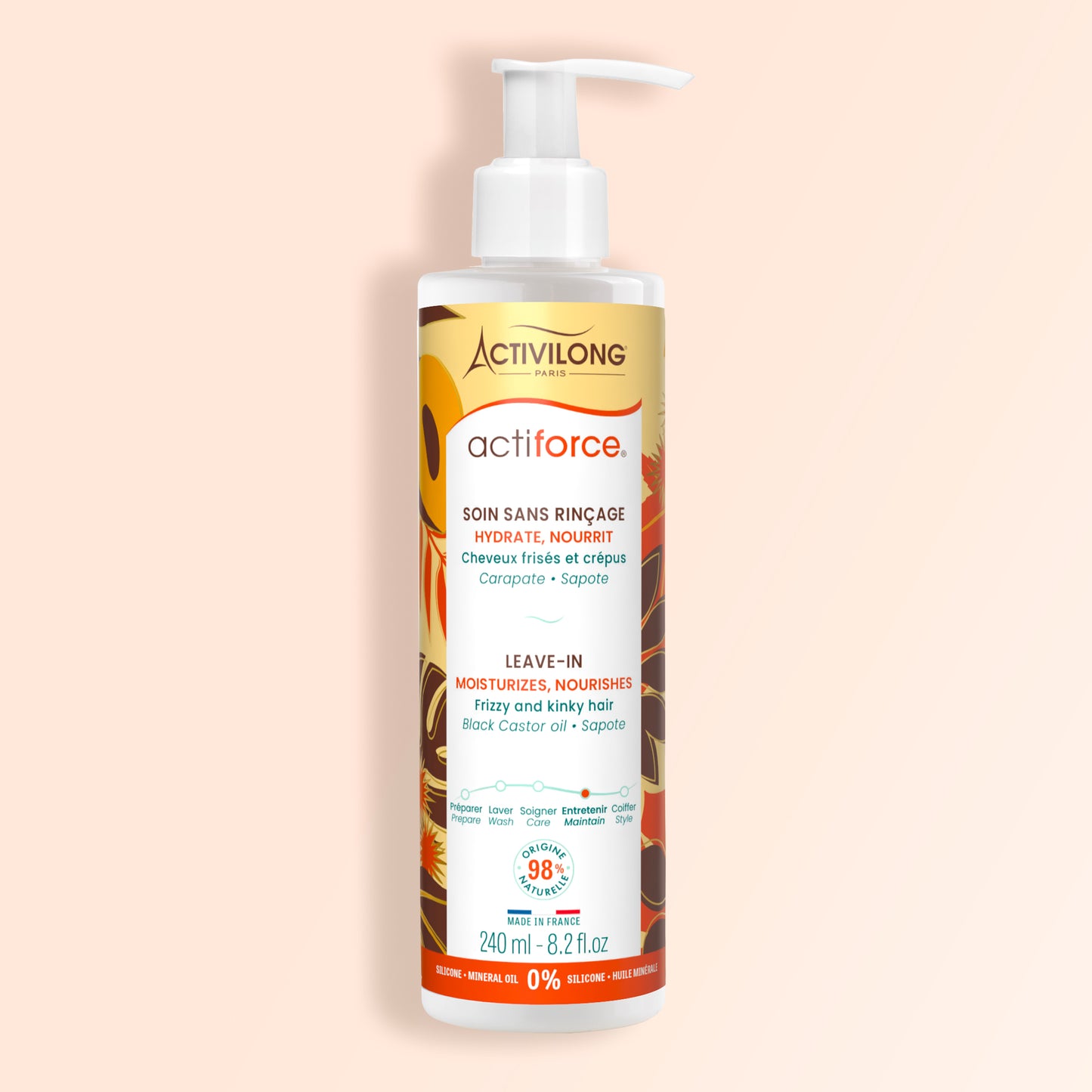 Packshot du flacon de 240 ml du Soin Sans Rinçage / Leave-In Actiforce sur fond crème