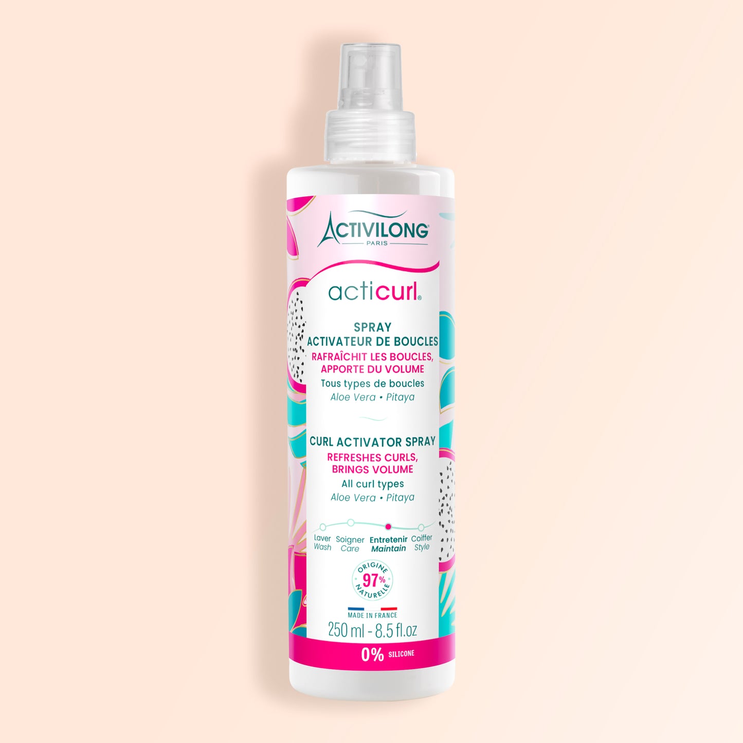 Packshot du Spray Activateur de Boucles Acticurl, flacon avec spray, fond beige