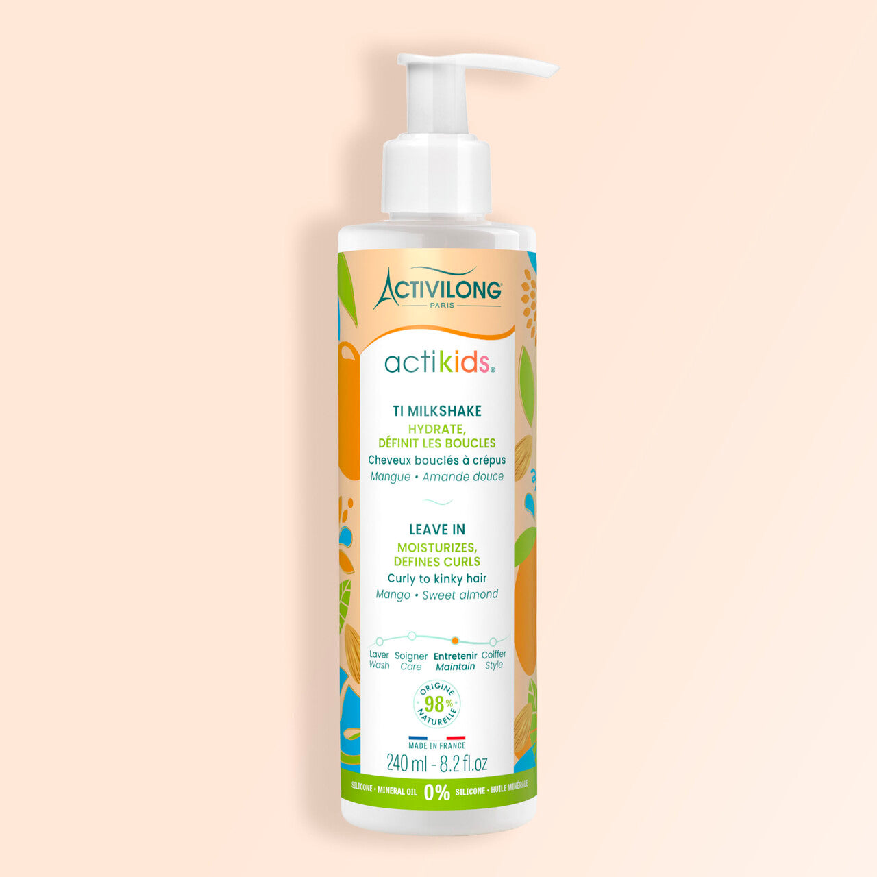Packshot du flacon de 240 ml du Ti Milkshake / Leave-in Actikids sur fond crème
