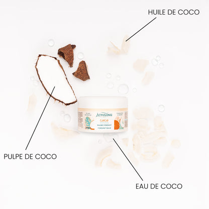 Pot de Baume fondant Coco d'Amour entouré de ses actifs sur fond blanc : pulpe de coco, copeaux de coco, huile de coco et gouttes d'eau de coco, avec les mentions « Huile de coco », « Pulpe de coco » et « Eau de coco ».