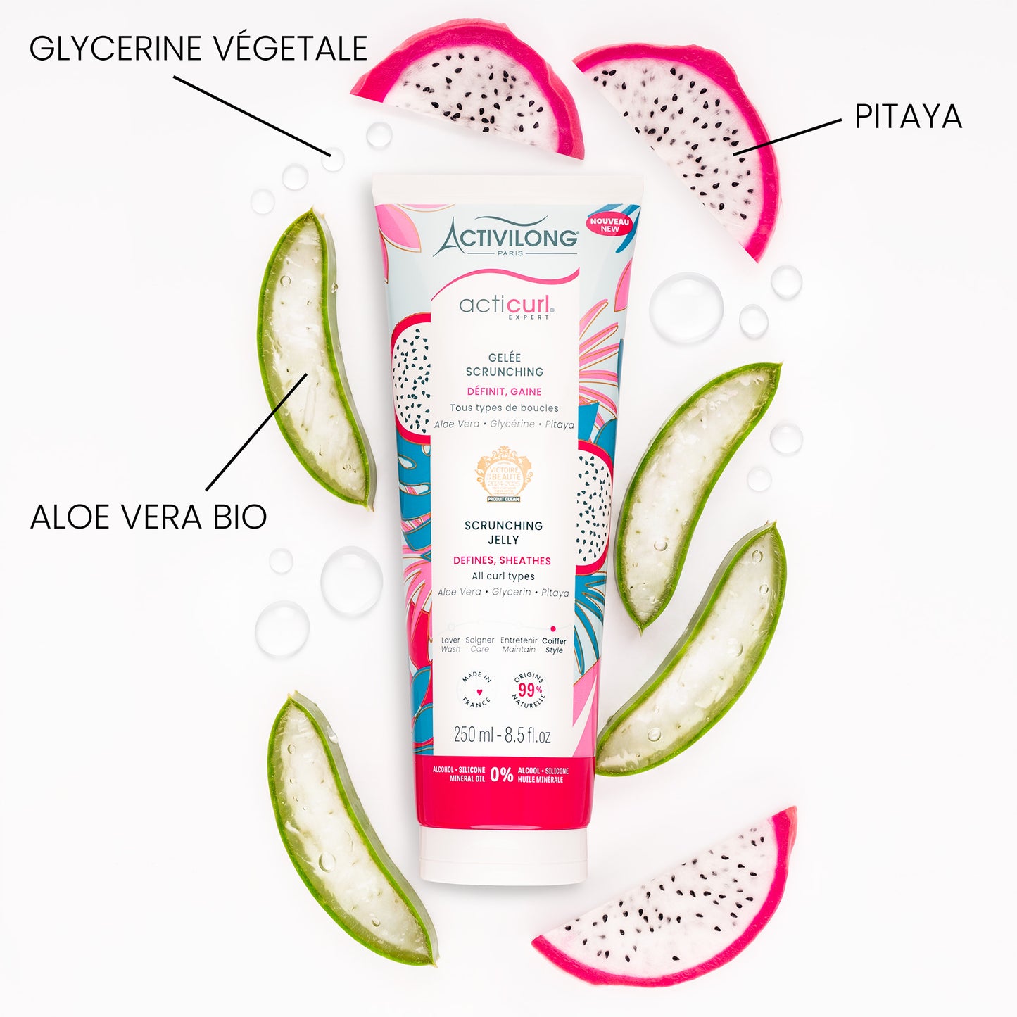 Visuel d'un Tube de la Gelée Scrunching Acticurl Expert entouré de ses actifs glycérine végétale, pitaya et aloe vera bio