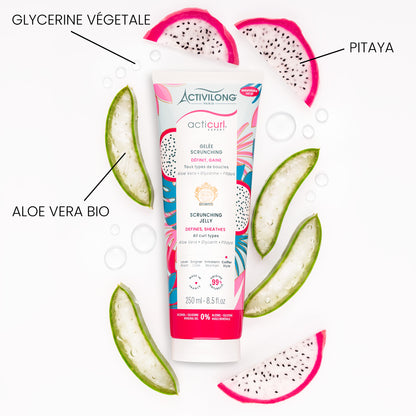 Visuel d'un Tube de la Gelée Scrunching Acticurl Expert entouré de ses actifs glycérine végétale, pitaya et aloe vera bio