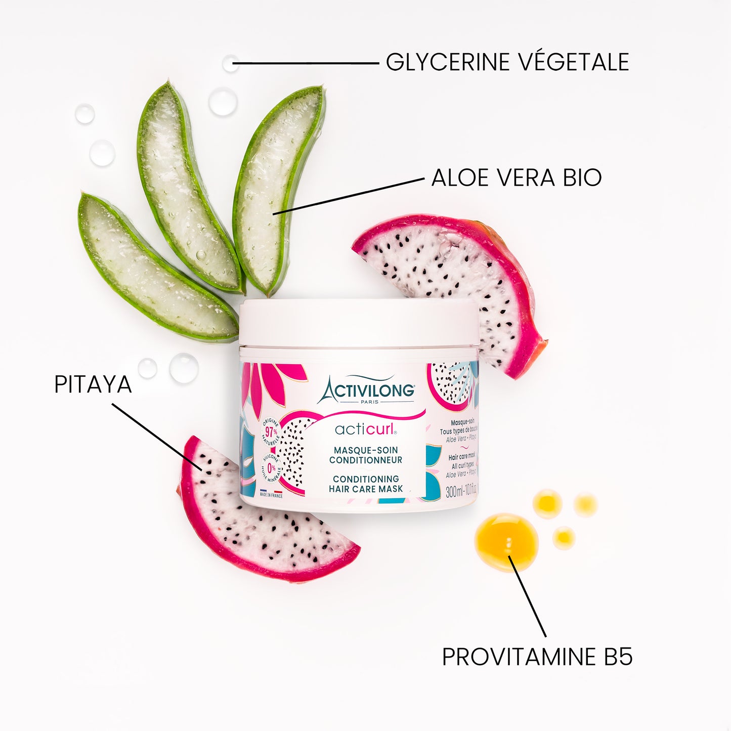 Visuel d'un Pot du Masque-soin Conditionneur Acticurl entouré de ses actifs glycérine végétale, aloe vera bio, pitaya et provitamine B5