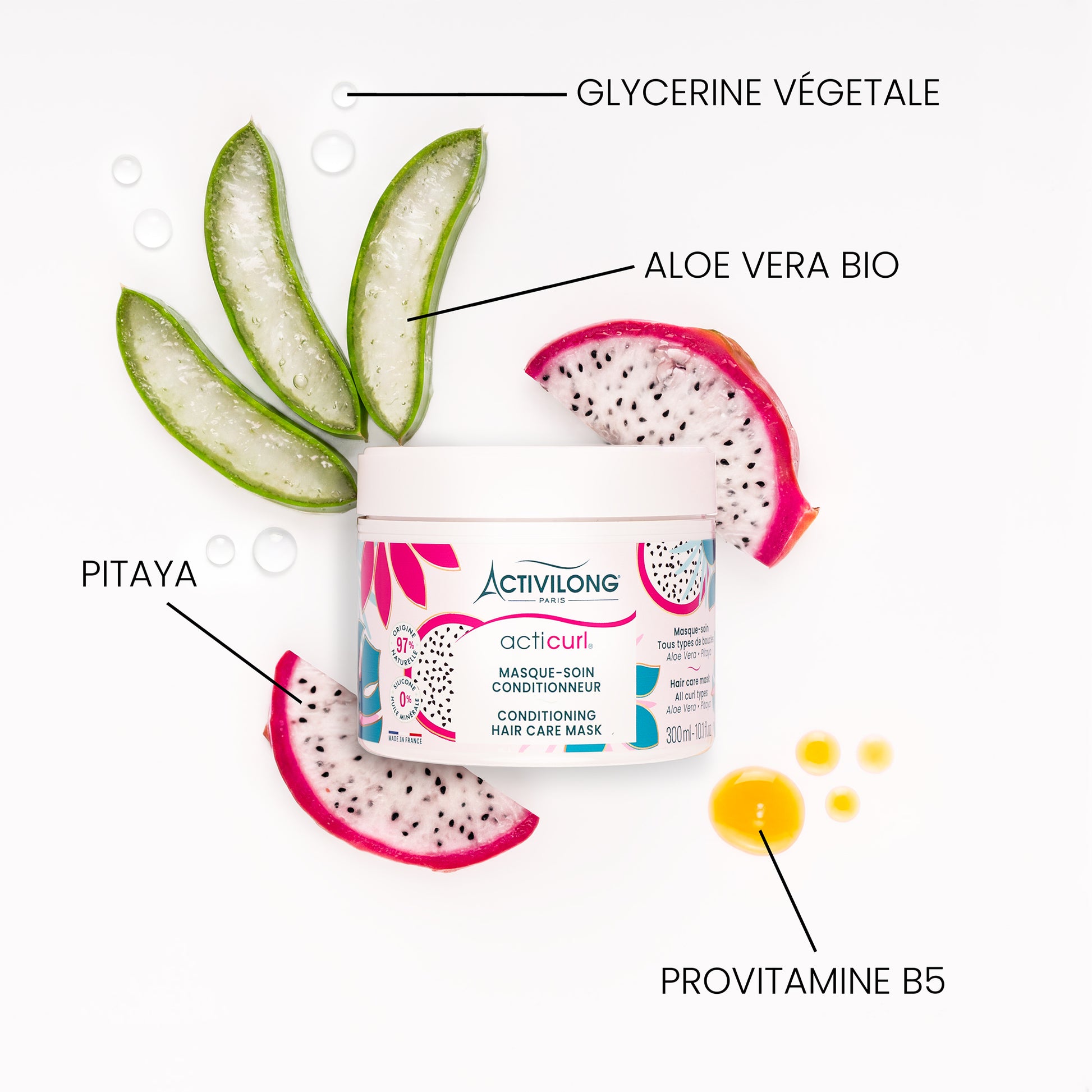 Visuel d'un Pot du Masque-soin Conditionneur Acticurl entouré de ses actifs glycérine végétale, aloe vera bio, pitaya et provitamine B5