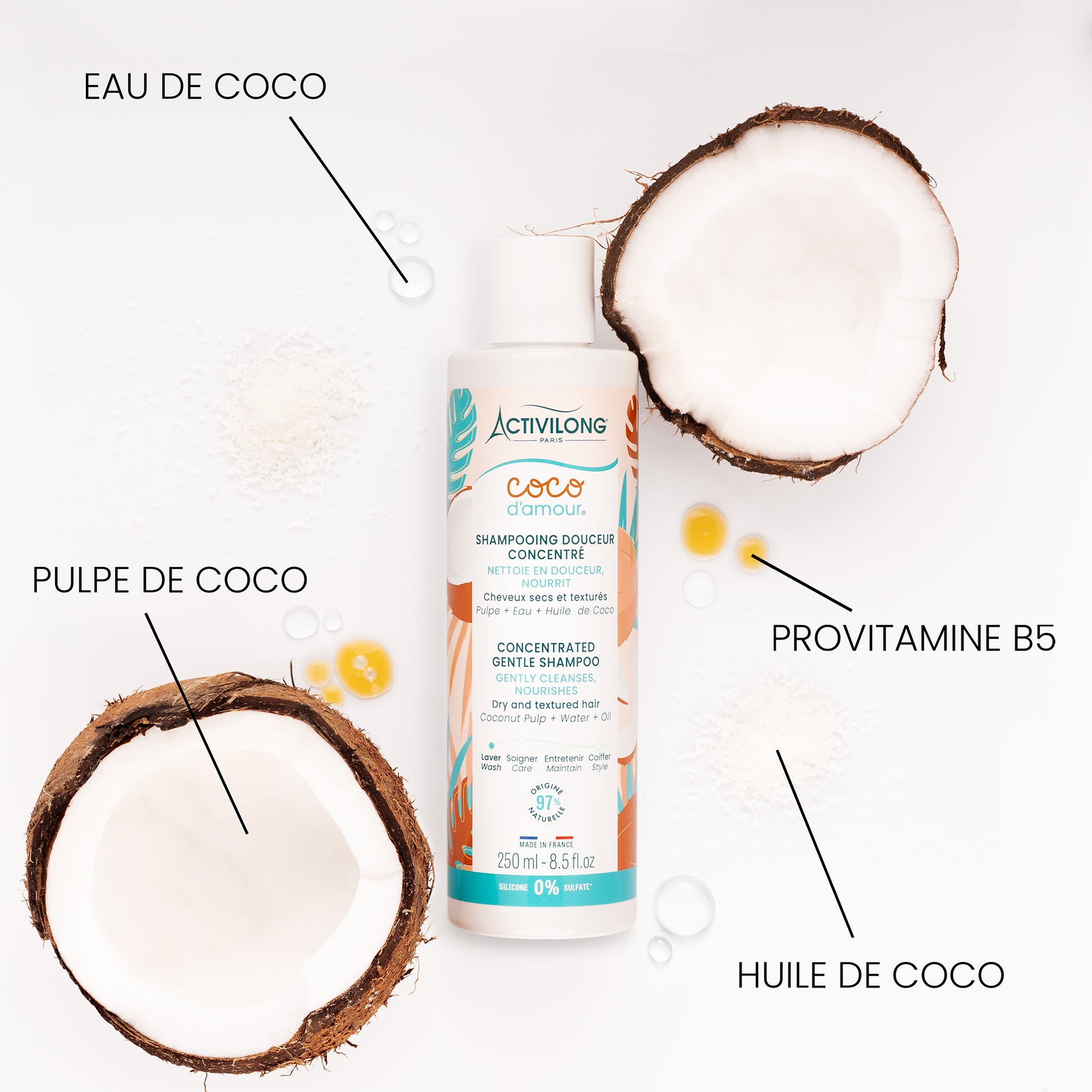 Flacon de Shampooing douceur concentré Coco d'Amour entouré de ses actifs sur fond blanc : deux demi-noix de coco fraîches, pulpe de coco râpée, huile de coco, gouttes d'eau de coco et gouttes de provitamine B5, avec les mentions « Eau de coco », « Pulpe de coco », « Provitamine B5 » et « Huile de coco ».

